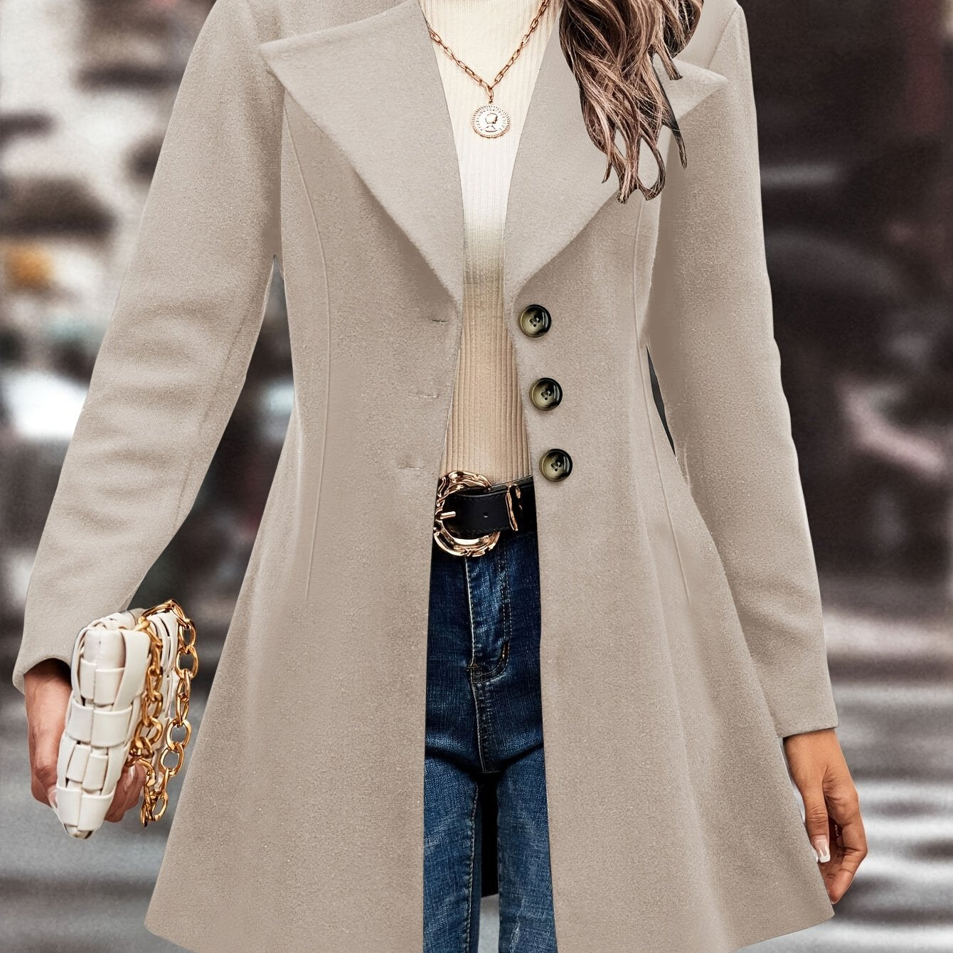 Solid Single Button Lapel Overcoat, Versatile Long Sleeve Winter Outwear, Women's Clothing