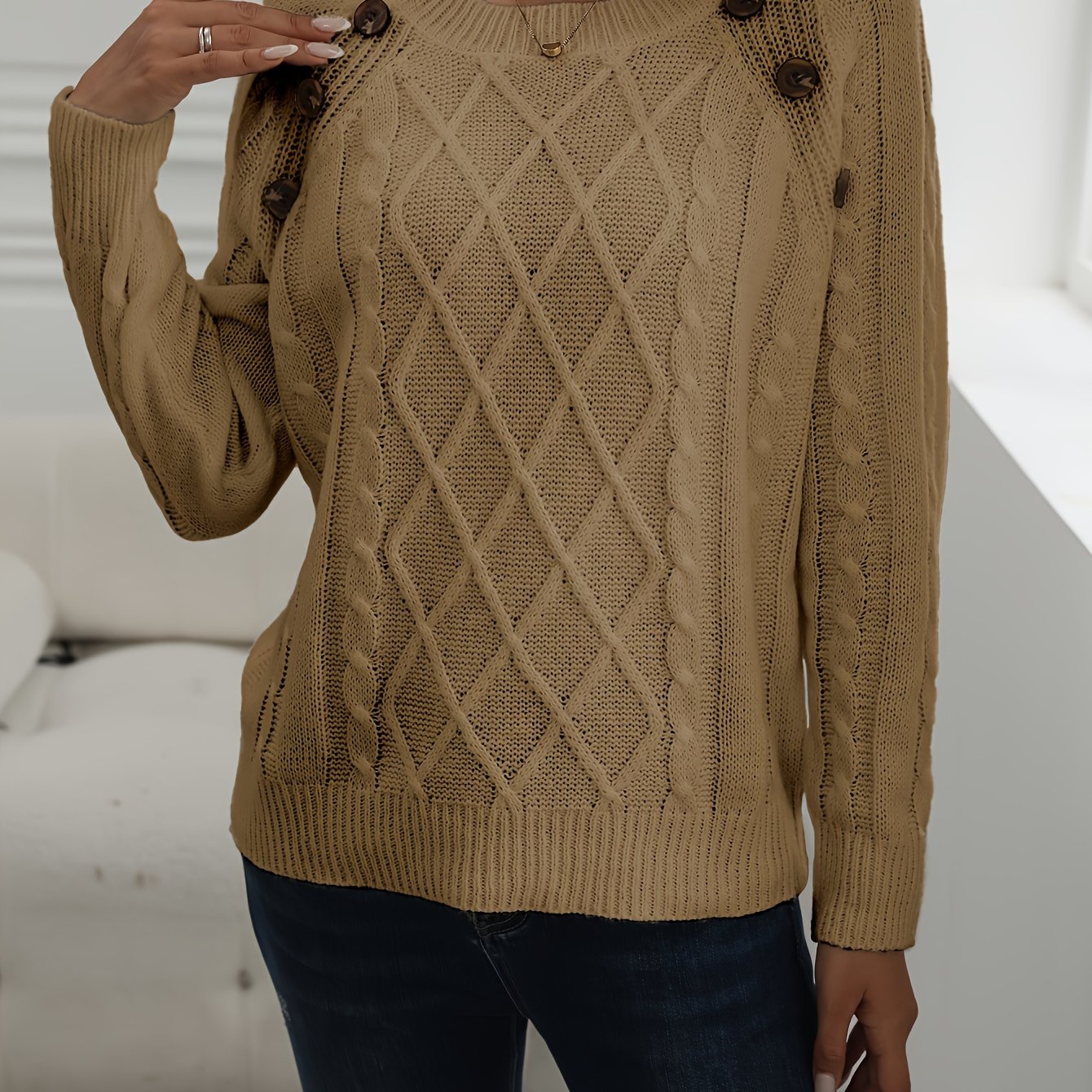 Solid Cable Knit Sweater, Casual Crew Neck Long Sleeve Sweater, Women's Clothing