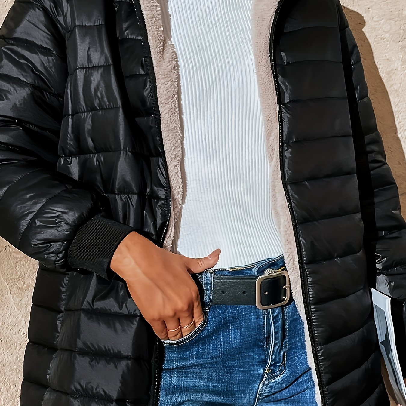 Long Sleeve Fleece Lined Zip Up Coat, Casual Fabric-padded Women's Clothing