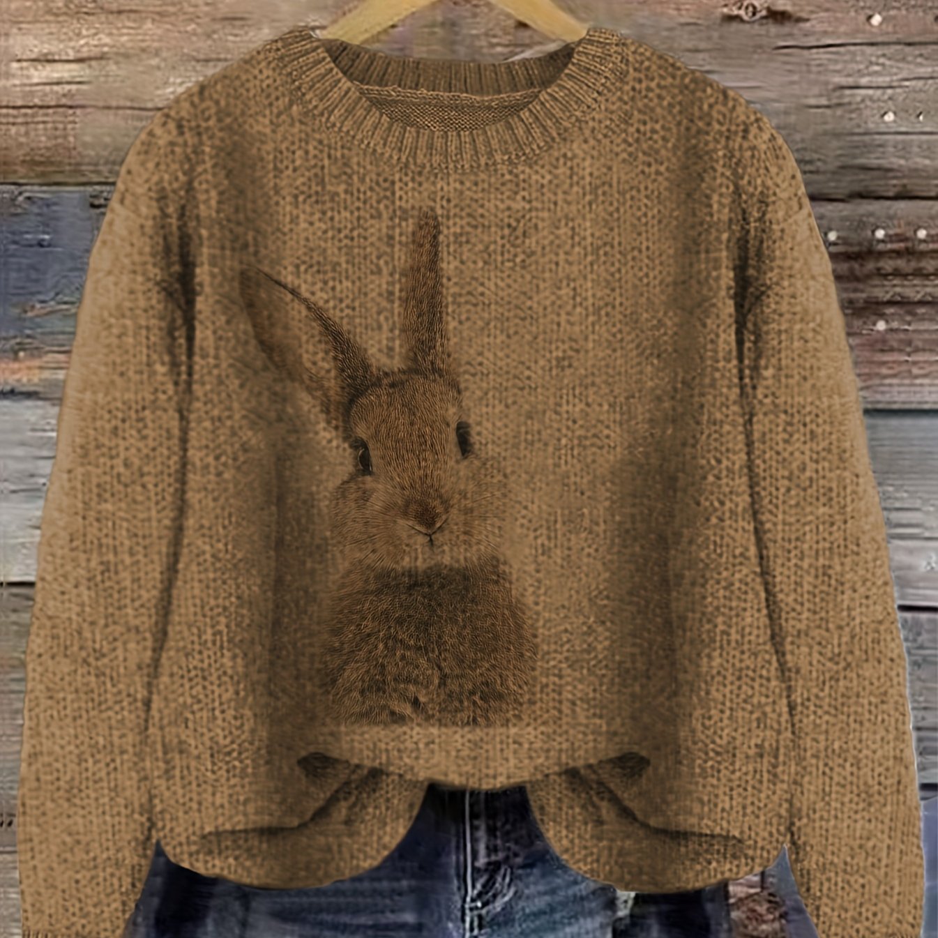 Women's Casual Rabbit Print Color-Block Round Neck Pullover Sweater - Light Blue & White Contrast, Medium Stretch Cozy Fall Winter Knit Top, Relaxed Fit Clothing | Soft Texture Apparel