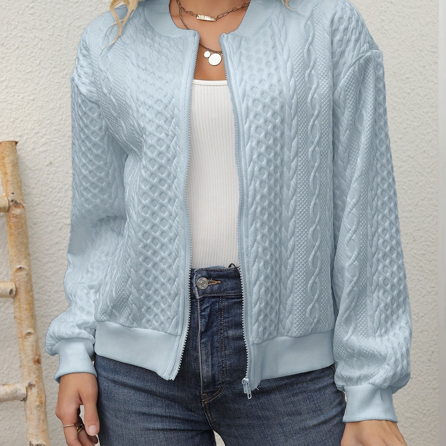 Women's Elegant Casual Baseball Collar Jacket - Soft Pink Zip-Up Fall/Winter Outerwear, Machine Washable Non-Stretch Fabric, Chic Layering Piece for Everyday & Special Occasions, Sleek Zipper Closure