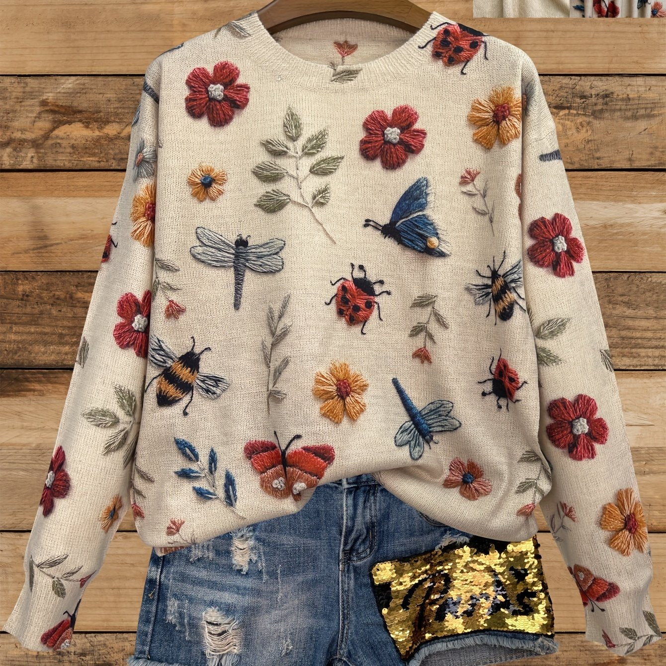 Stylish Lightweight Women's Sweater - Round Neck, Long Sleeves, 3D Insect Print Design - Casual