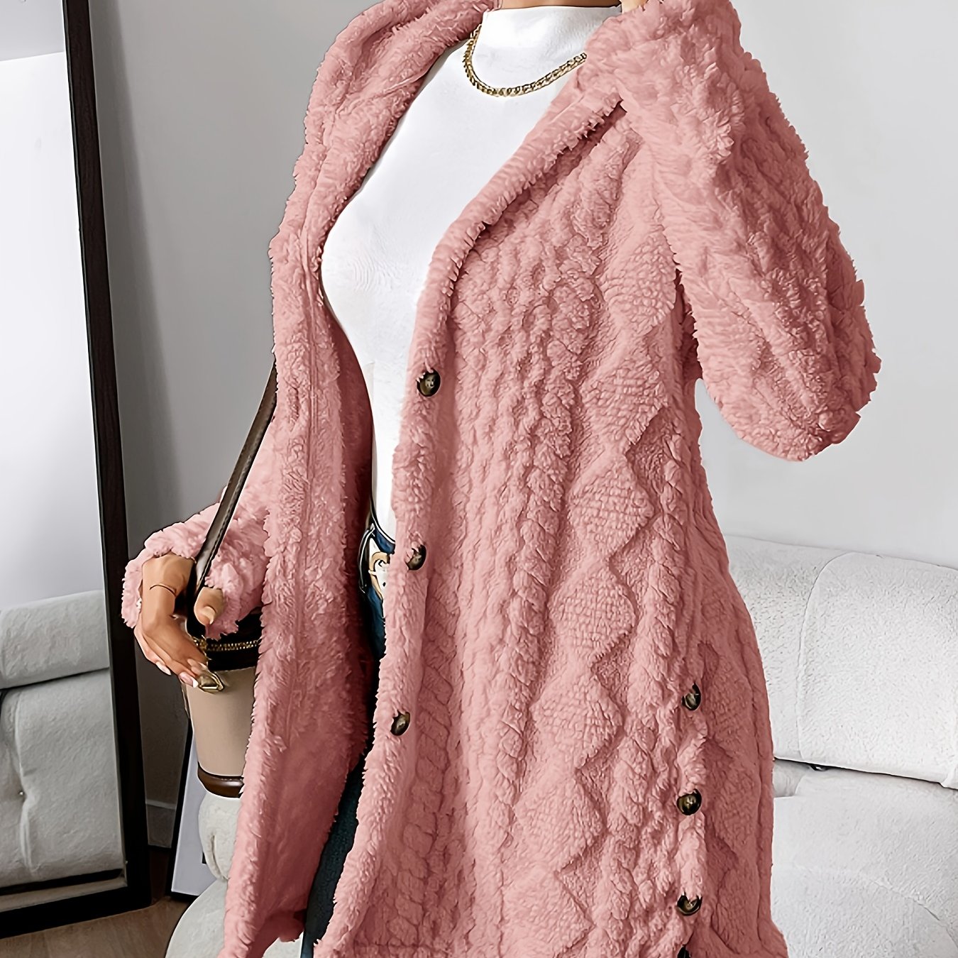 Elegant Beige Quilted Faux Fur Hooded Cardigan - Cozy Long Sleeve, Button Front Outerwear with Diamond Pattern, Perfect for Fall/Winter, Machine Washable
