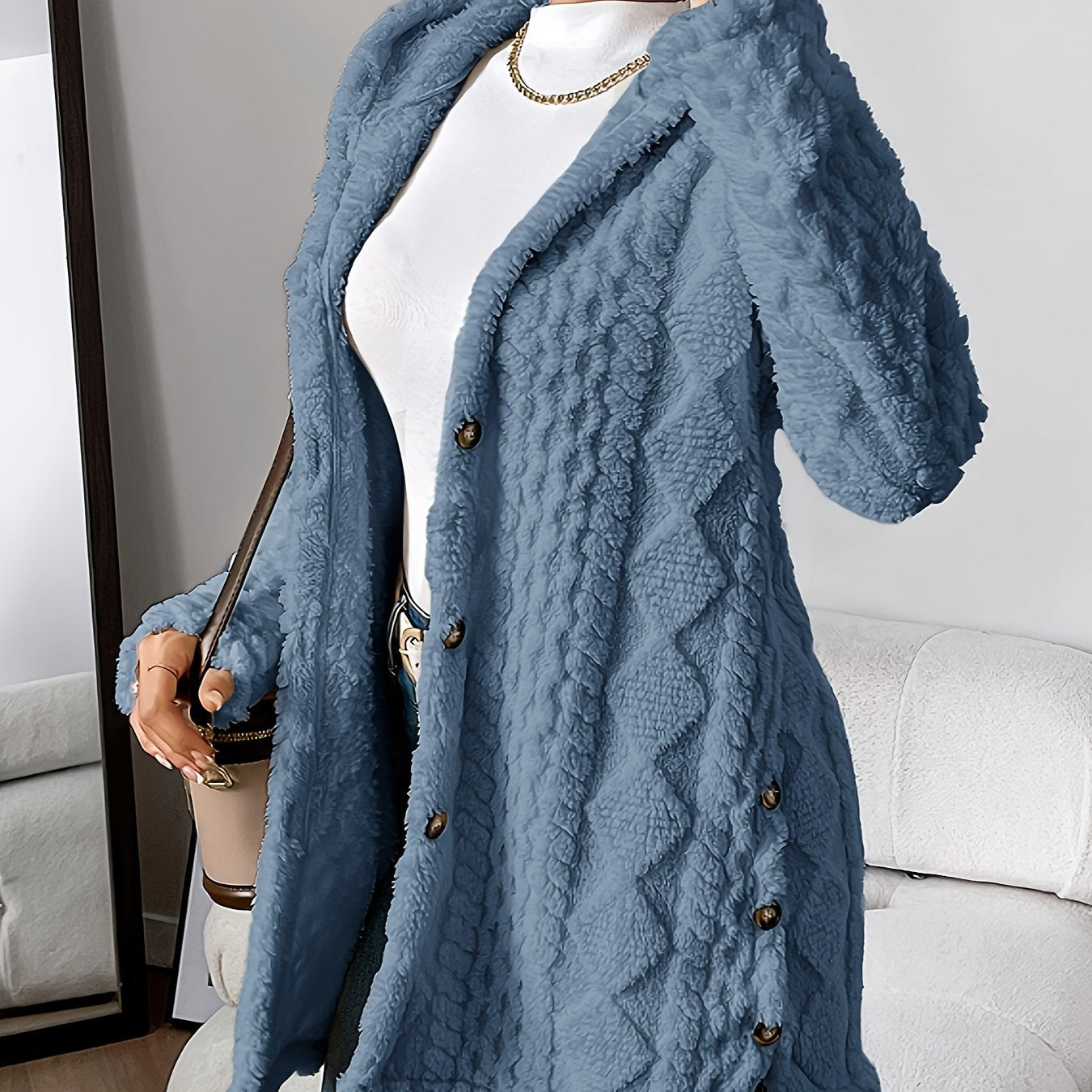 Elegant Beige Quilted Faux Fur Hooded Cardigan - Cozy Long Sleeve, Button Front Outerwear with Diamond Pattern, Perfect for Fall/Winter, Machine Washable