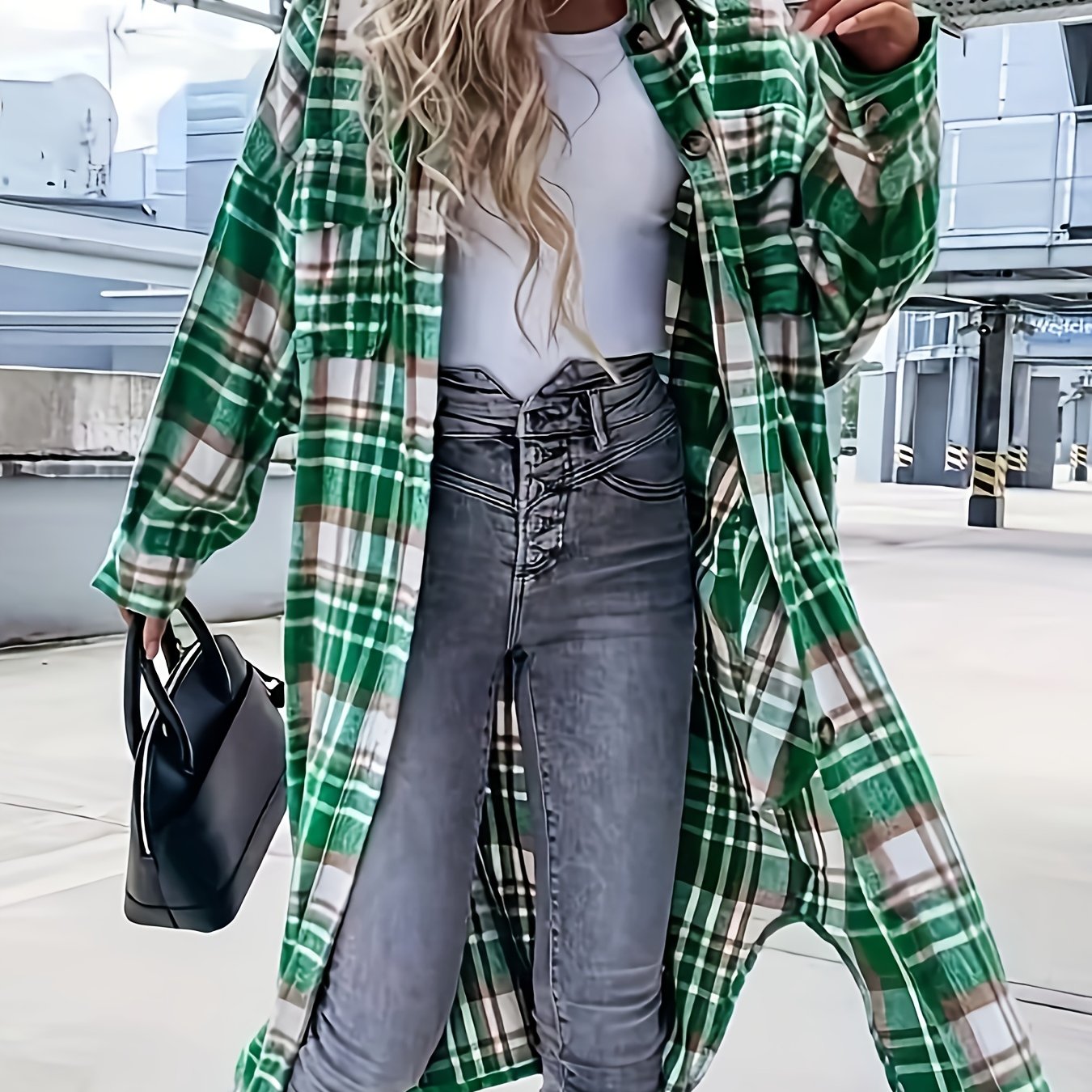 Plaid Print Long Length Jacket, Casual Button Front Flap Pockets Outwear, Women's Clothing