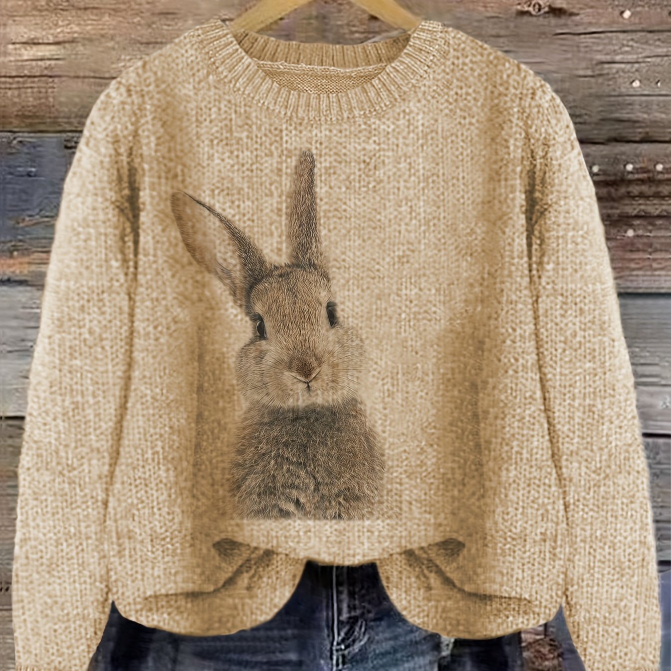 Women's Casual Rabbit Print Color-Block Round Neck Pullover Sweater - Light Blue & White Contrast, Medium Stretch Cozy Fall Winter Knit Top, Relaxed Fit Clothing | Soft Texture Apparel