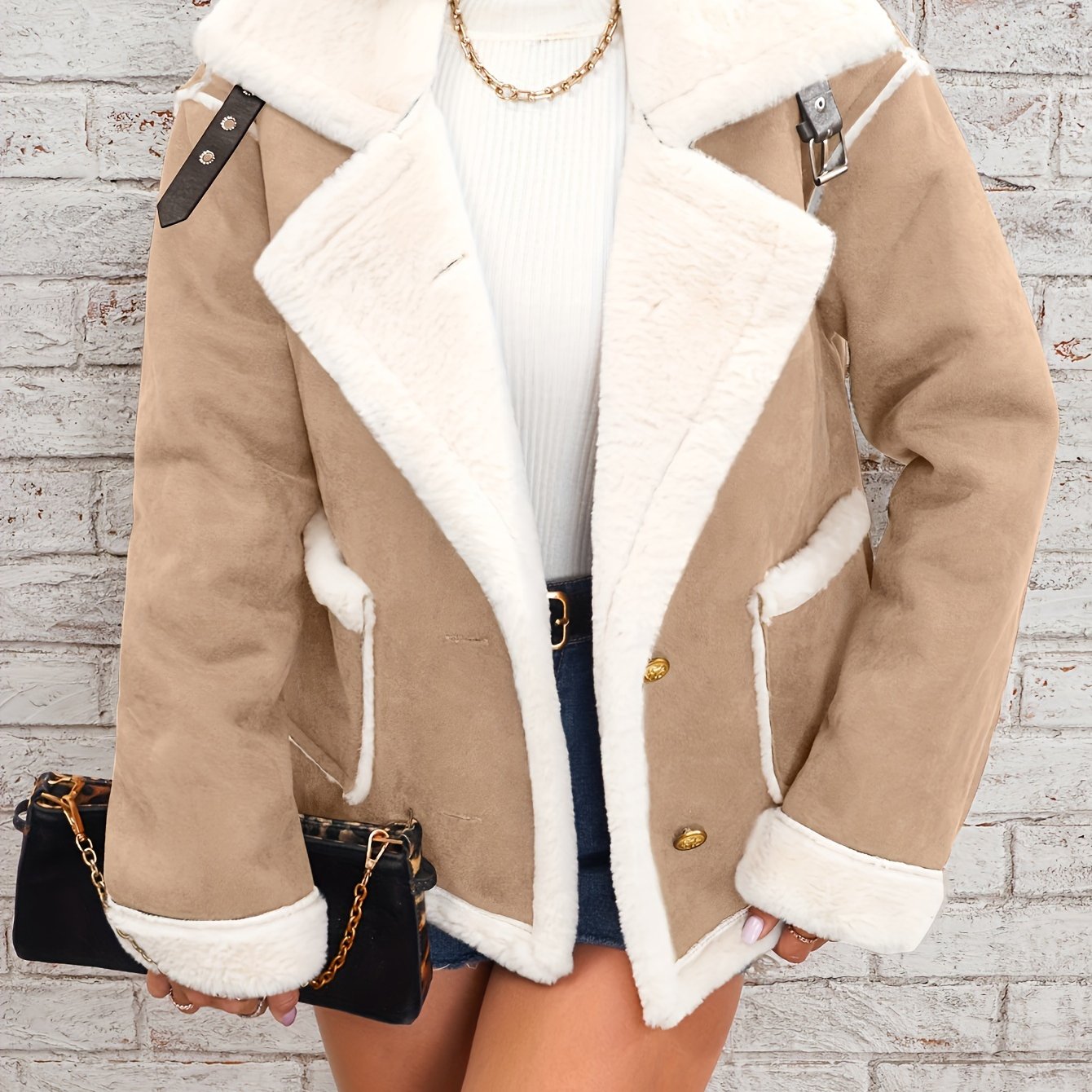 Women's Elegant Burgundy and Cream Faux Fur-Lined Winter Jacket - Chic Double-Breasted Outerwear with Pockets, Machine Washable, Lightweight Jacket