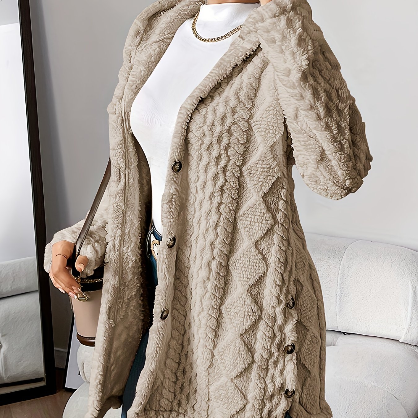 Elegant Beige Quilted Faux Fur Hooded Cardigan - Cozy Long Sleeve, Button Front Outerwear with Diamond Pattern, Perfect for Fall/Winter, Machine Washable