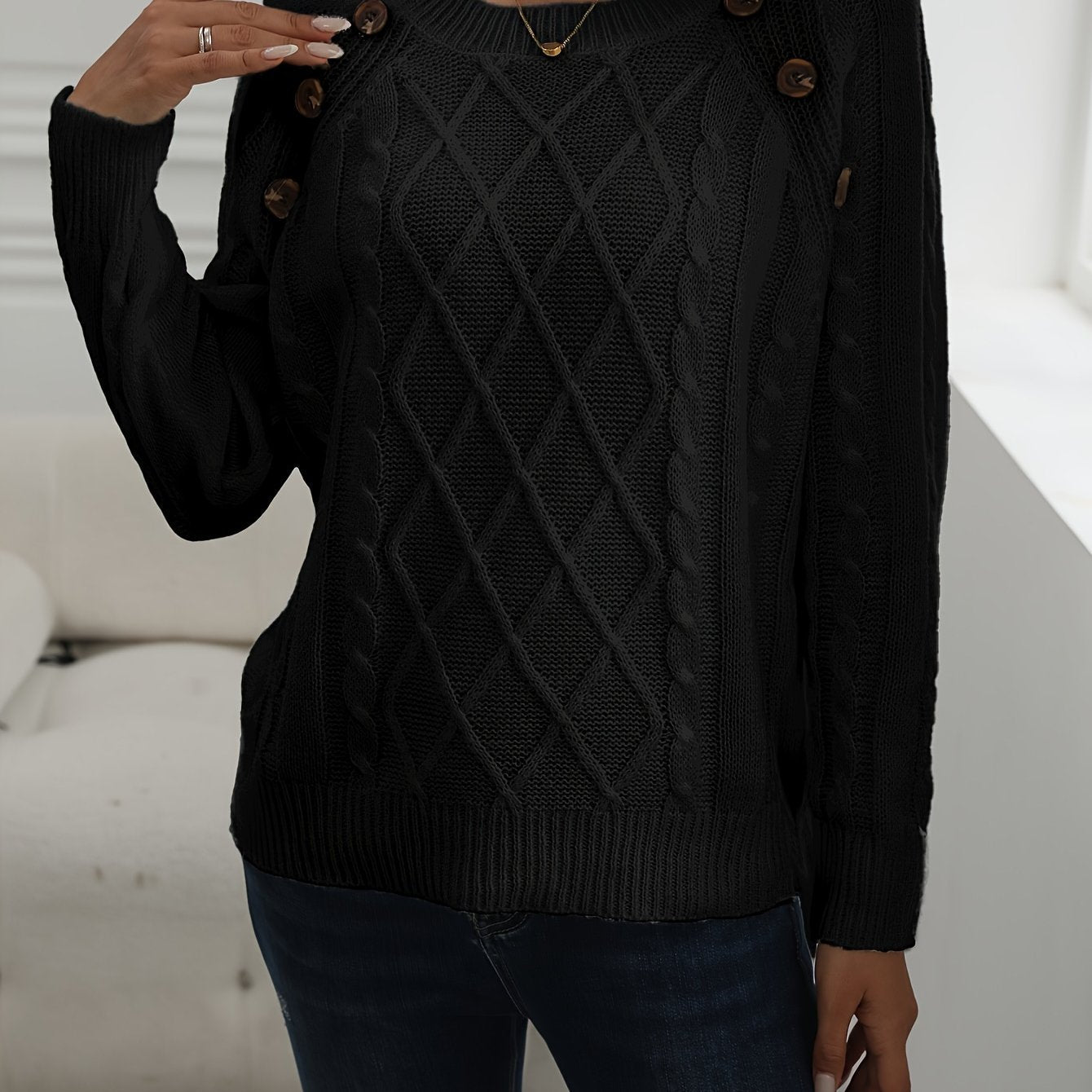 Solid Cable Knit Sweater, Casual Crew Neck Long Sleeve Sweater, Women's Clothing