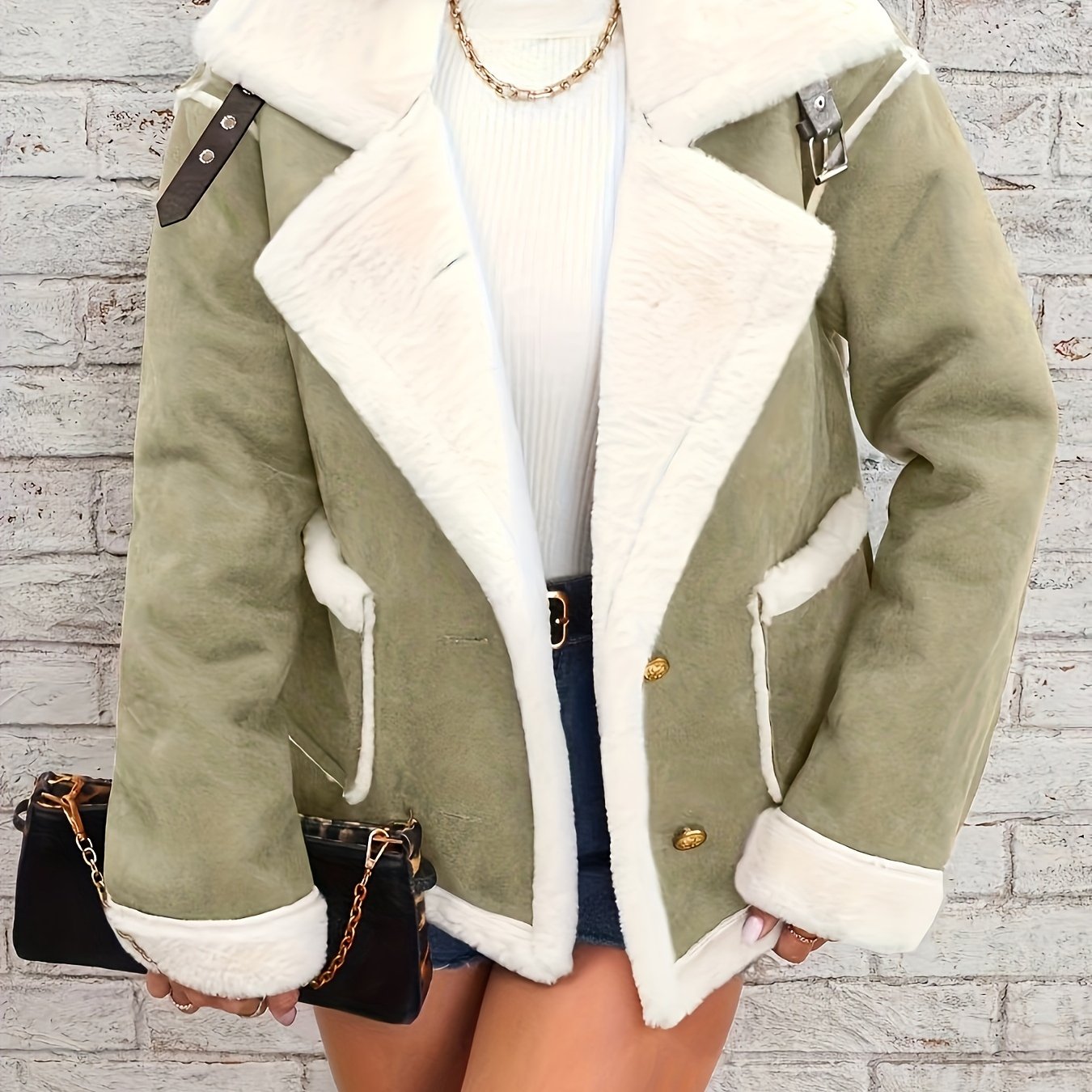 Women's Elegant Burgundy and Cream Faux Fur-Lined Winter Jacket - Chic Double-Breasted Outerwear with Pockets, Machine Washable, Lightweight Jacket
