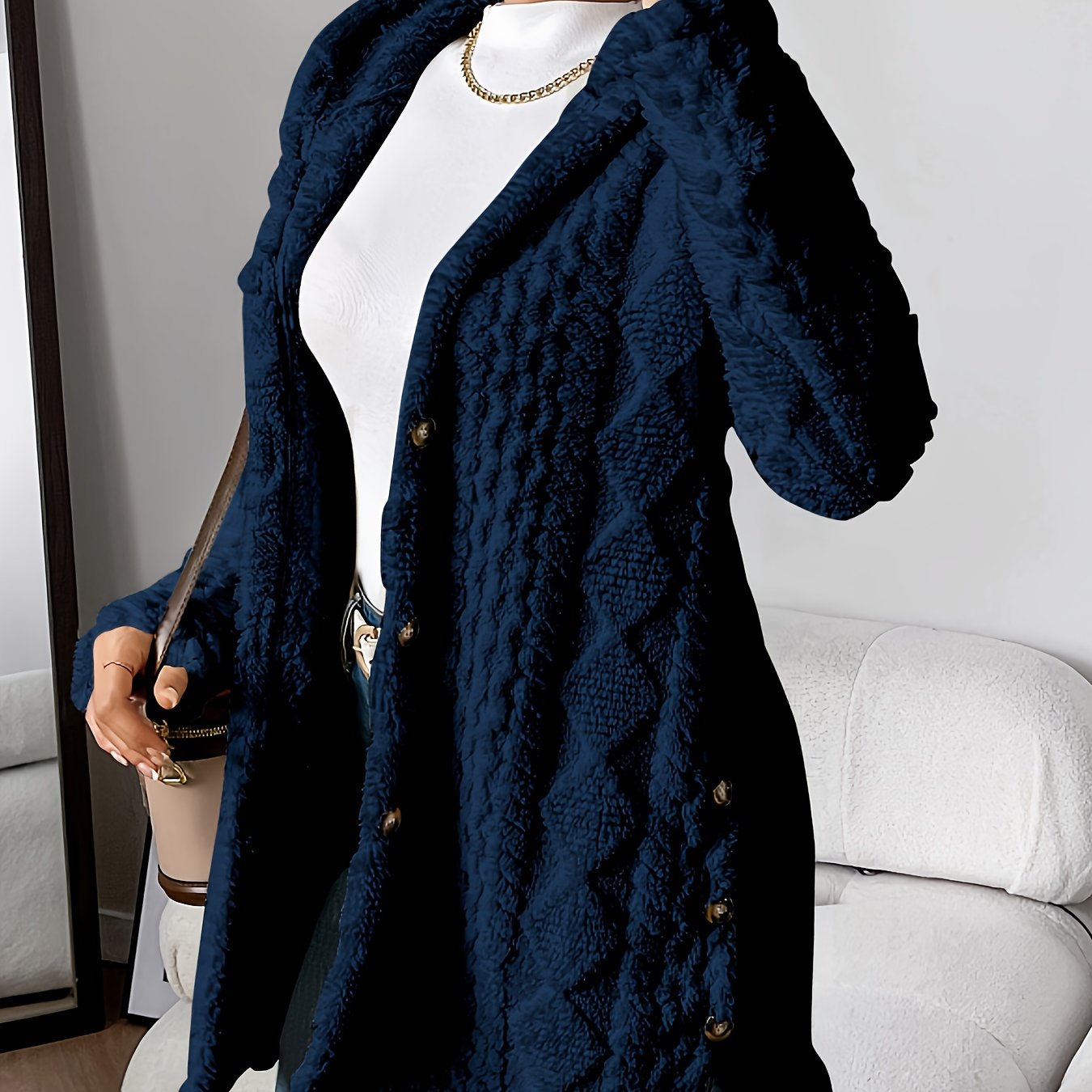Elegant Beige Quilted Faux Fur Hooded Cardigan - Cozy Long Sleeve, Button Front Outerwear with Diamond Pattern, Perfect for Fall/Winter, Machine Washable