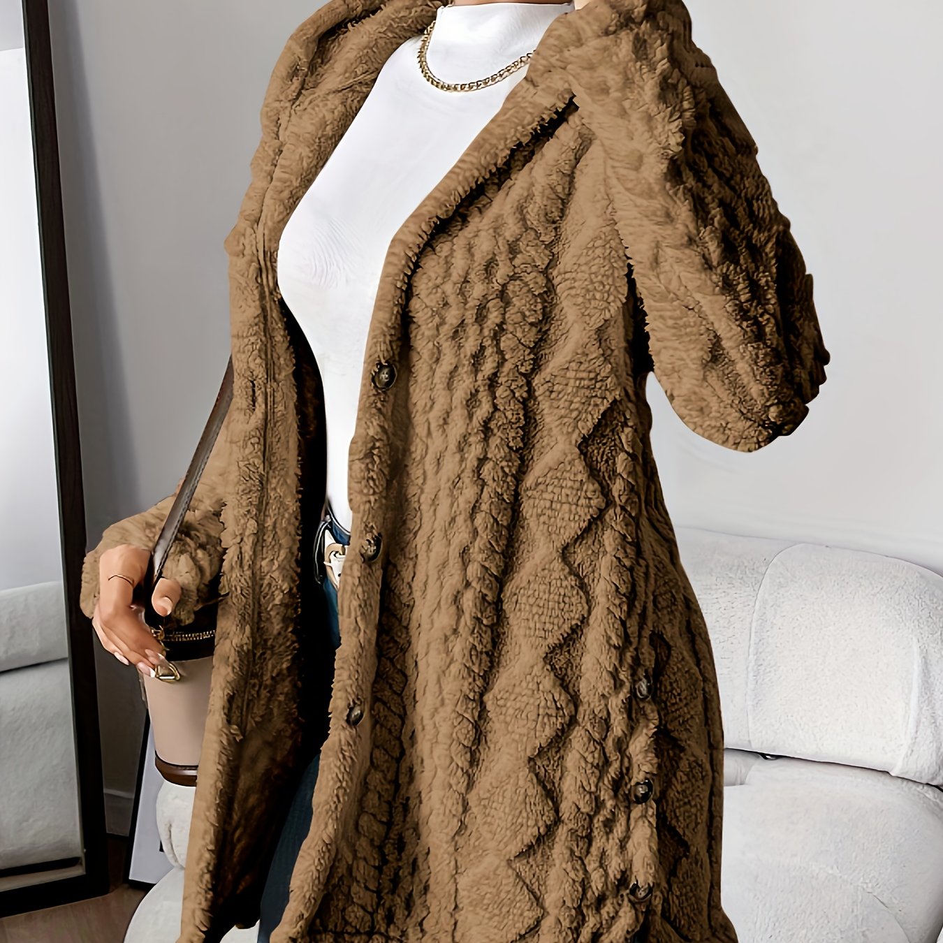 Elegant Beige Quilted Faux Fur Hooded Cardigan - Cozy Long Sleeve, Button Front Outerwear with Diamond Pattern, Perfect for Fall/Winter, Machine Washable