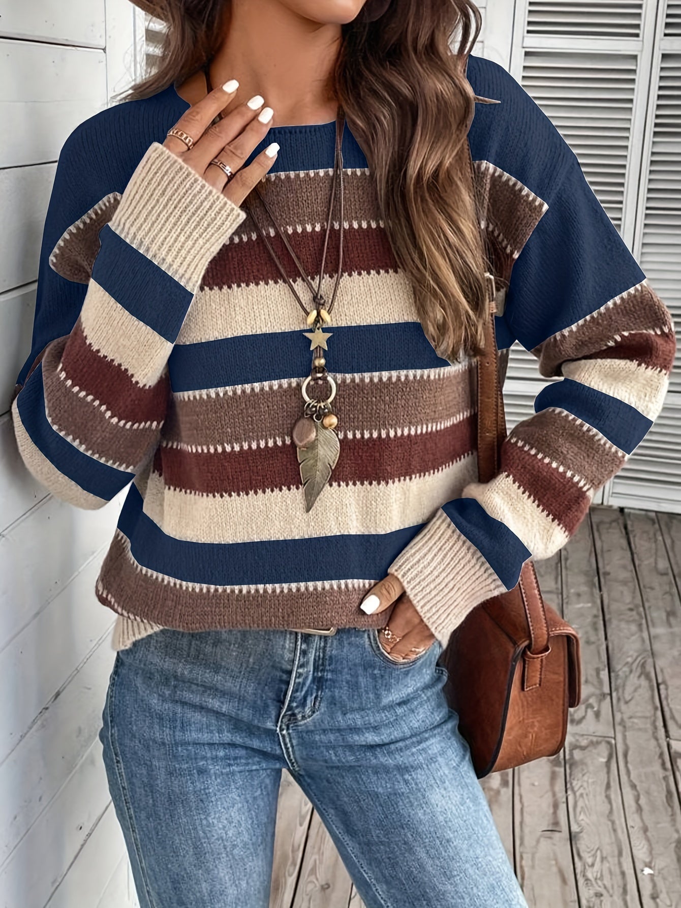 Vibrant Color Block Crew Neck Sweater - Soft, Cozy, Vintage-Inspired Long Sleeve Sweater for Fall and Winter - Womens Fashionable Clothing for Casual Daily Wear