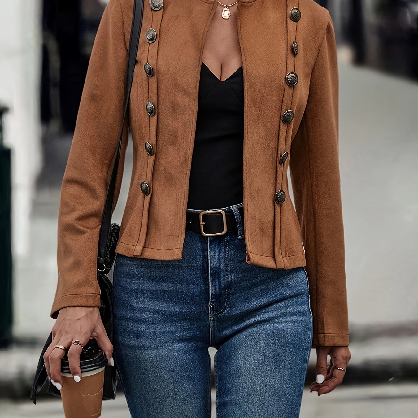 Women's European and American suede jacket, slimming and decorative double-breasted jacket