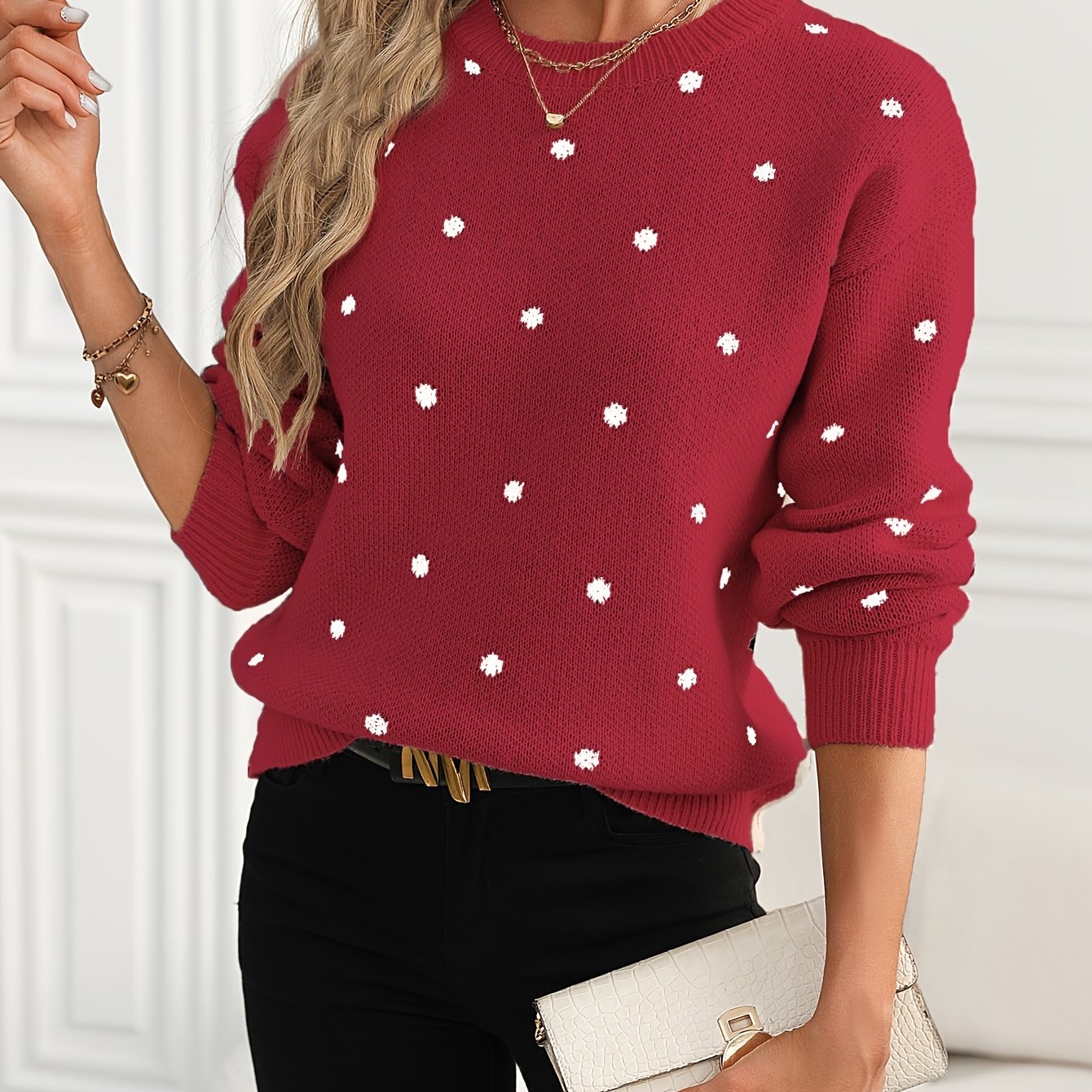 Polka Dot Pattern Knit Sweater, Casual Long Sleeve Crew Neck Sweater, Women's Clothing