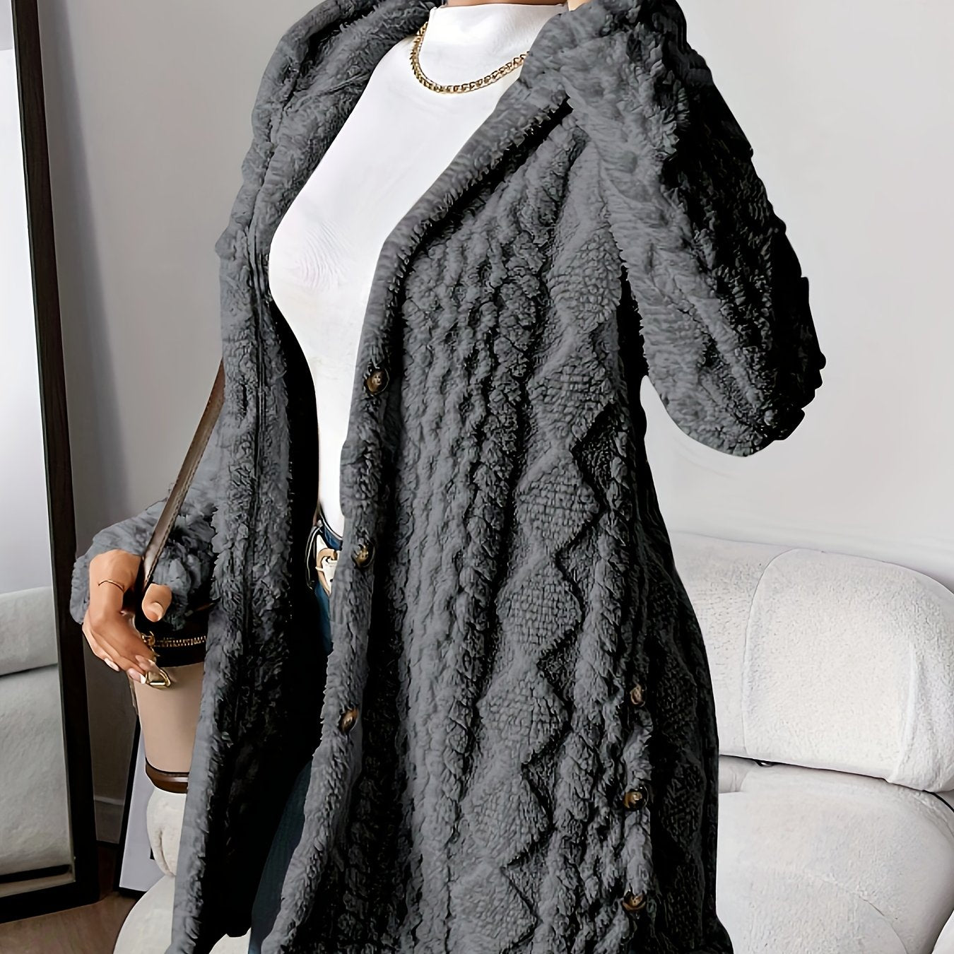 Elegant Beige Quilted Faux Fur Hooded Cardigan - Cozy Long Sleeve, Button Front Outerwear with Diamond Pattern, Perfect for Fall/Winter, Machine Washable