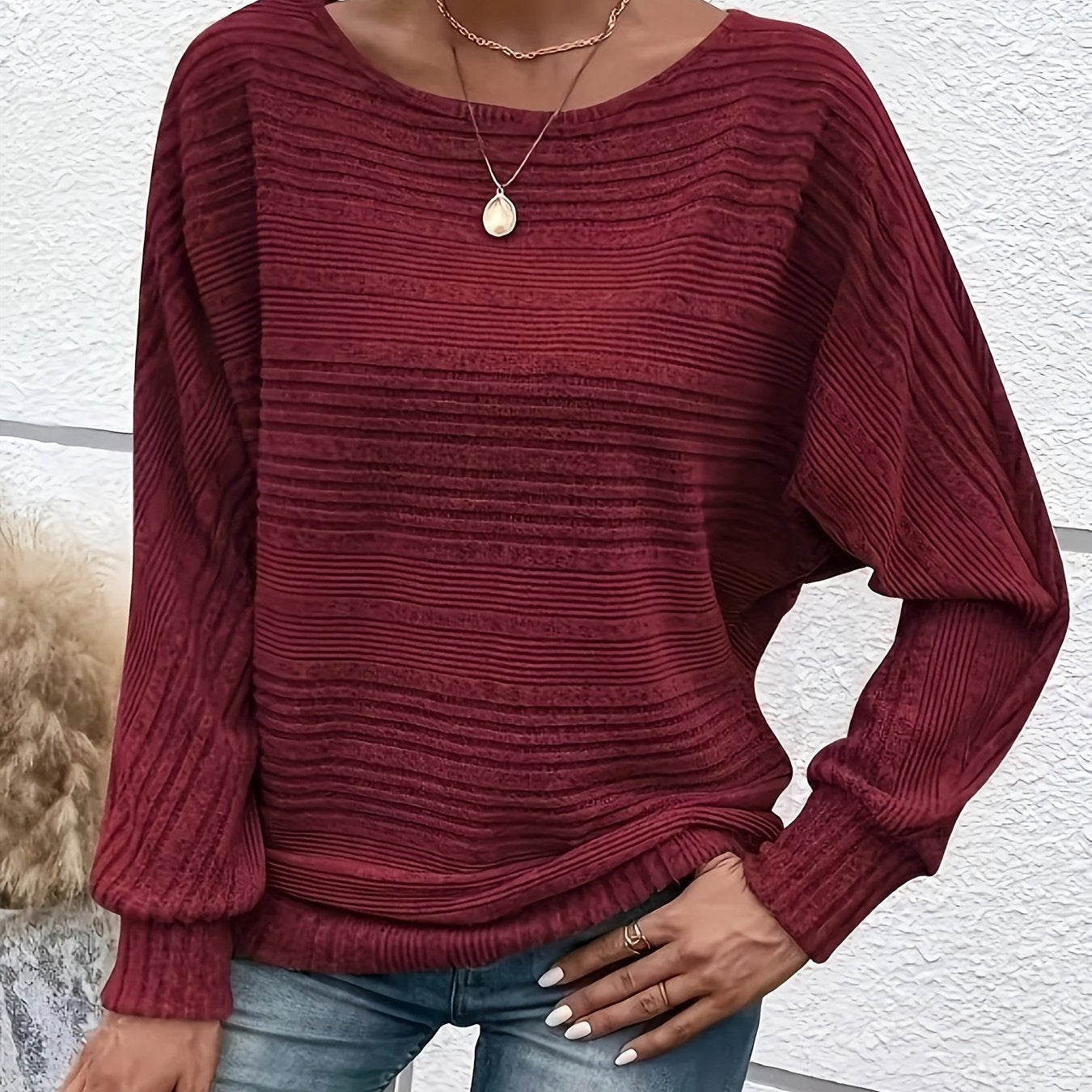 Solid Crew Neck Pullover Sweater, Casual Batwing Sleeve Loose Sweater, Women's Clothing