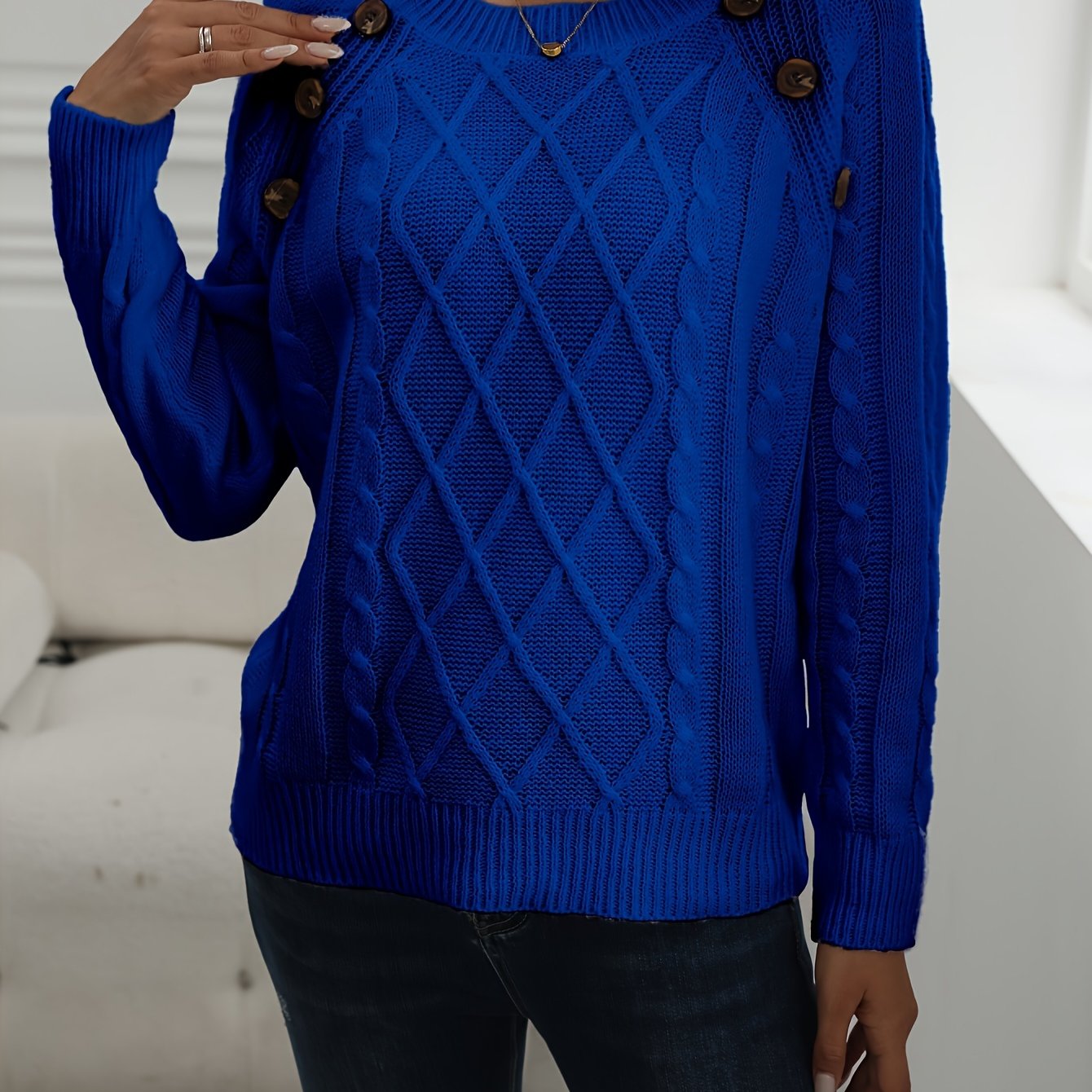 Solid Cable Knit Sweater, Casual Crew Neck Long Sleeve Sweater, Women's Clothing