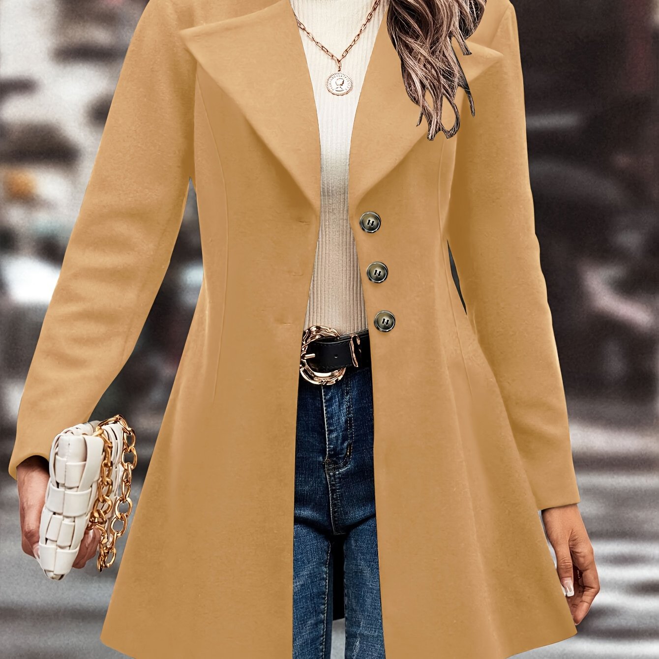 Solid Single Button Lapel Overcoat, Versatile Long Sleeve Winter Outwear, Women's Clothing