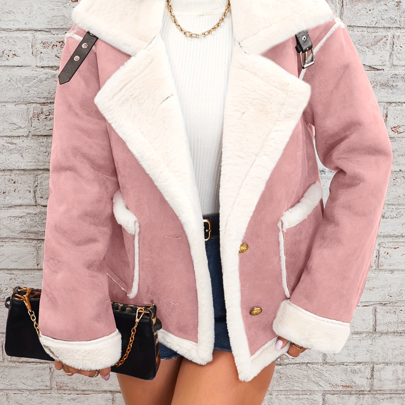 Women's Elegant Burgundy and Cream Faux Fur-Lined Winter Jacket - Chic Double-Breasted Outerwear with Pockets, Machine Washable, Lightweight Jacket
