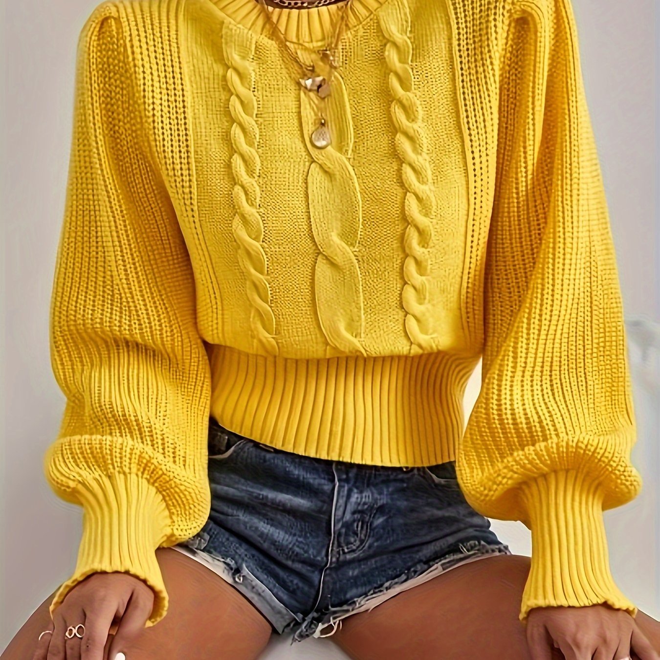 Women'S Acrylic Knit Pullover Sweater D9730#, Crew Neck, Solid Color, Frill Detail, Fall/Winter Season, 245g/m² Knit Fabric, 100% Acrylic