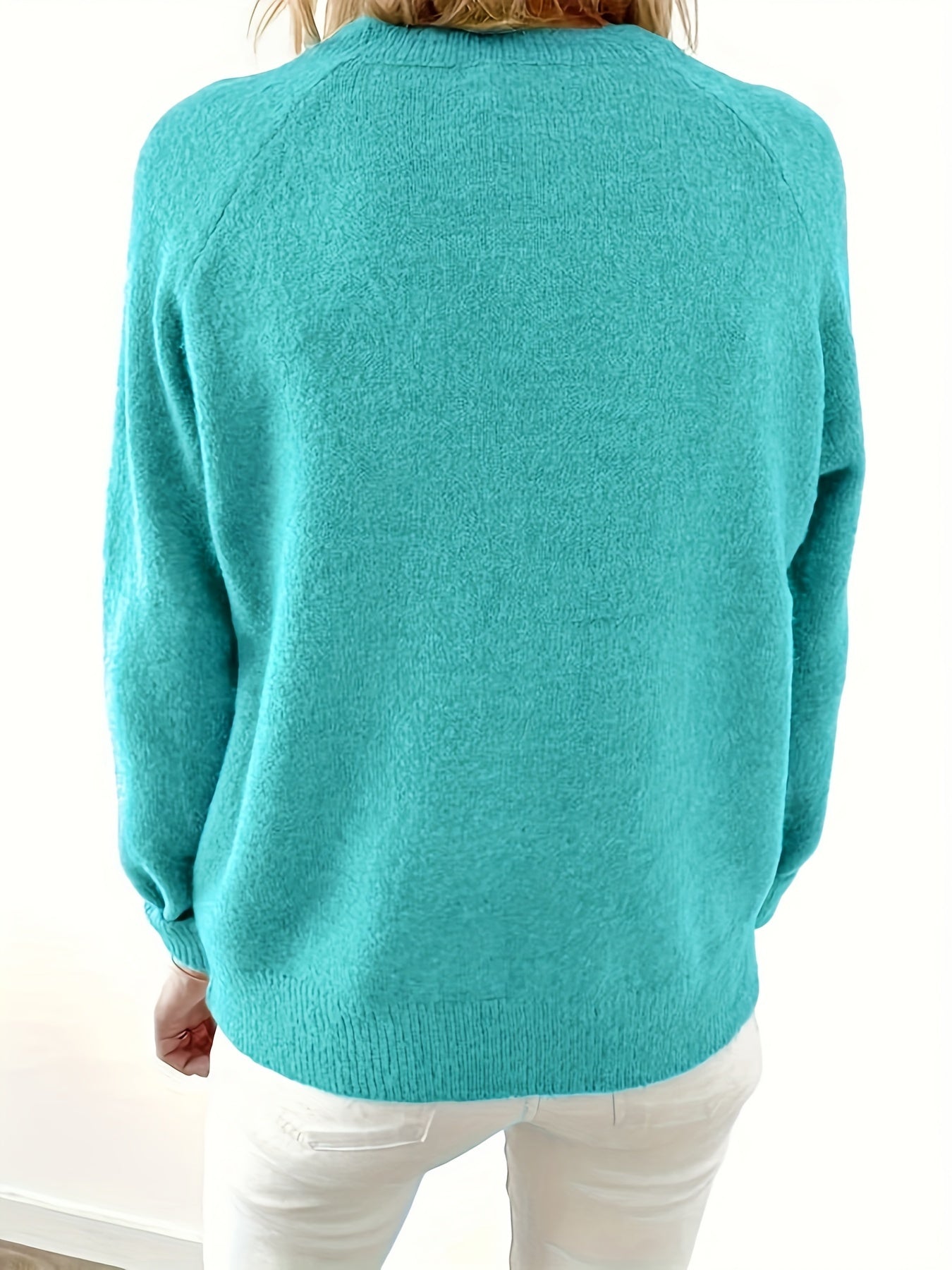 Women's Soft Turquoise Knit Sweater with Button Details - Casual Long Sleeve Pullover for Fall/Winter, Round Neck, Polyester, Lightweight & Cozy Design, Ladies Sweaters