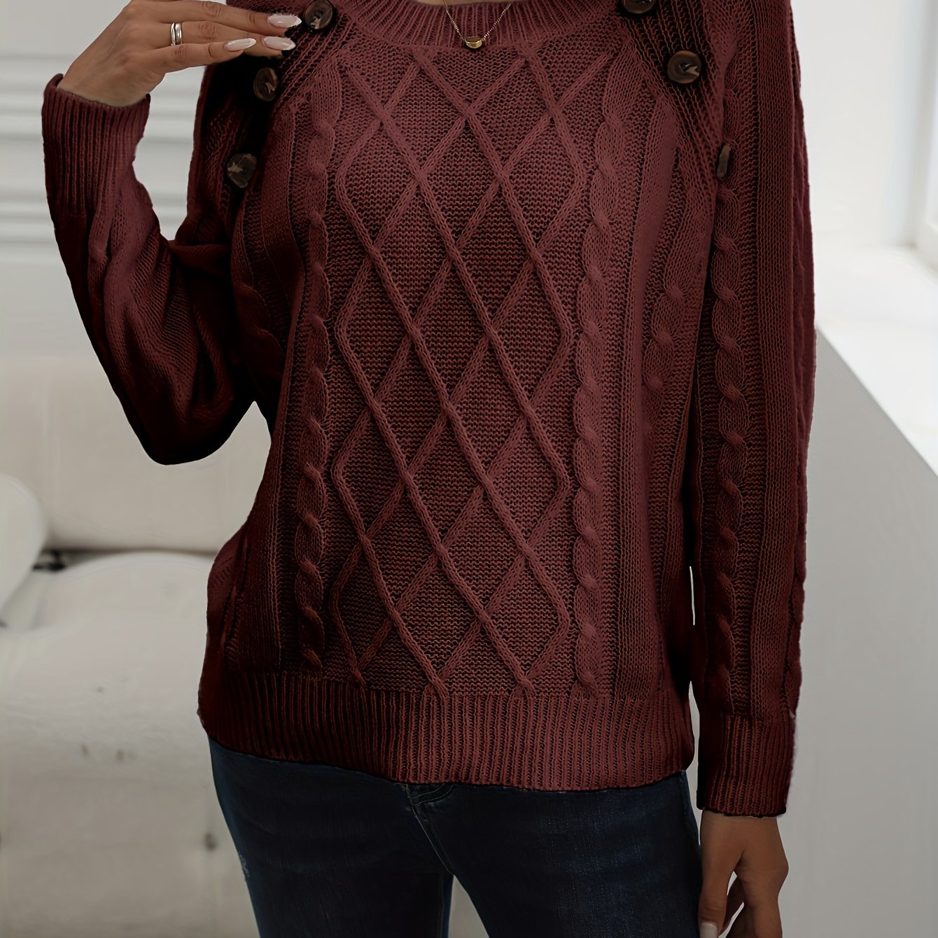 Solid Cable Knit Sweater, Casual Crew Neck Long Sleeve Sweater, Women's Clothing