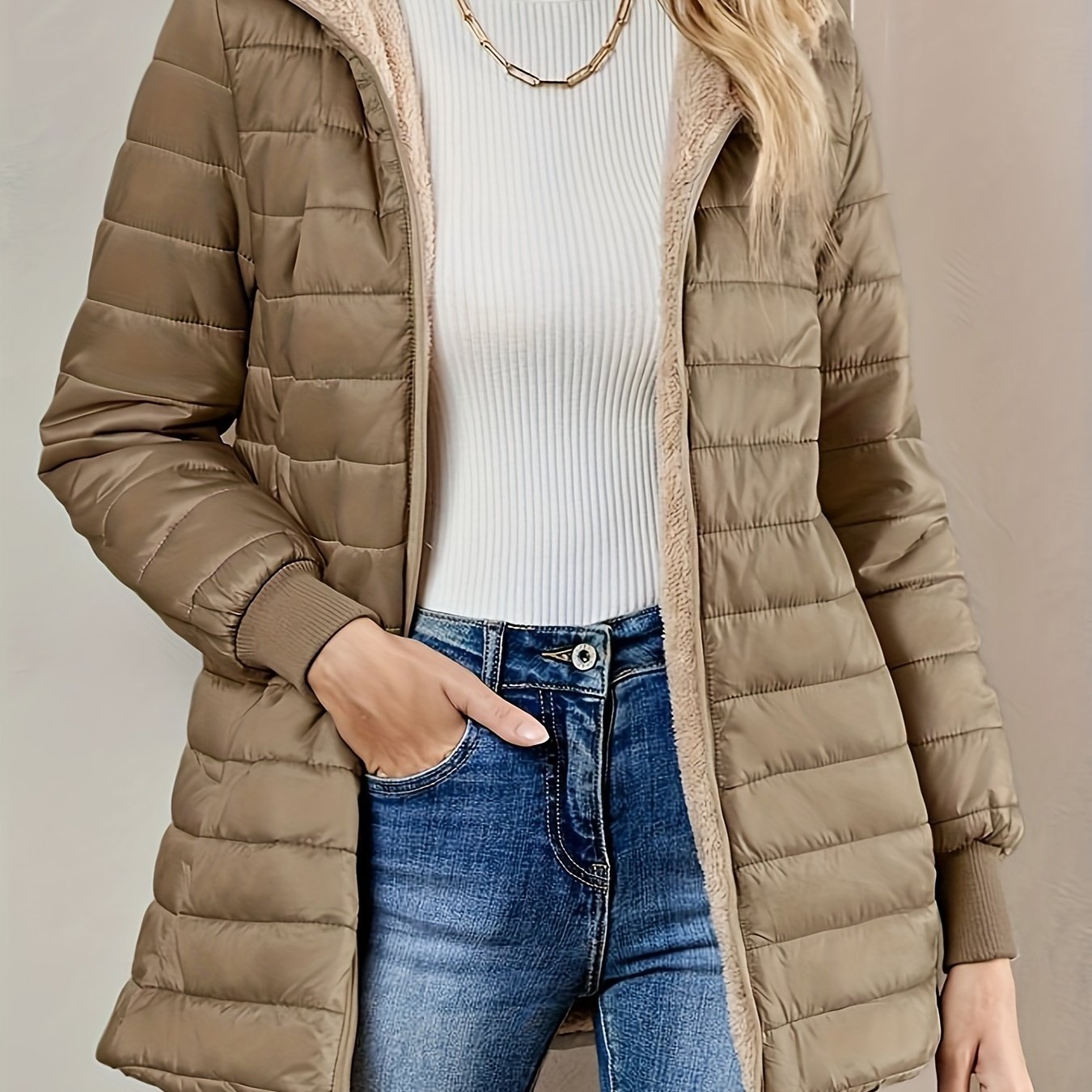 Long Sleeve Fleece Lined Zip Up Coat, Casual Fabric-padded Women's Clothing