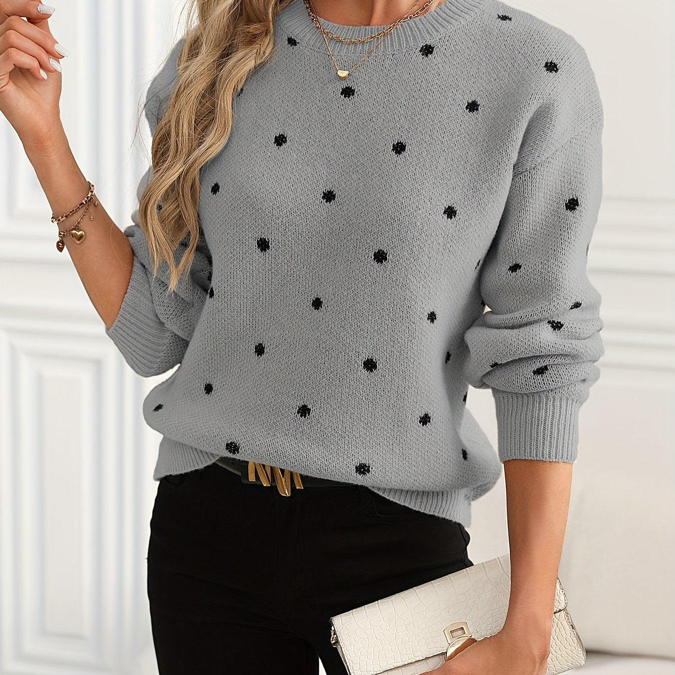 Polka Dot Pattern Knit Sweater, Casual Long Sleeve Crew Neck Sweater, Women's Clothing