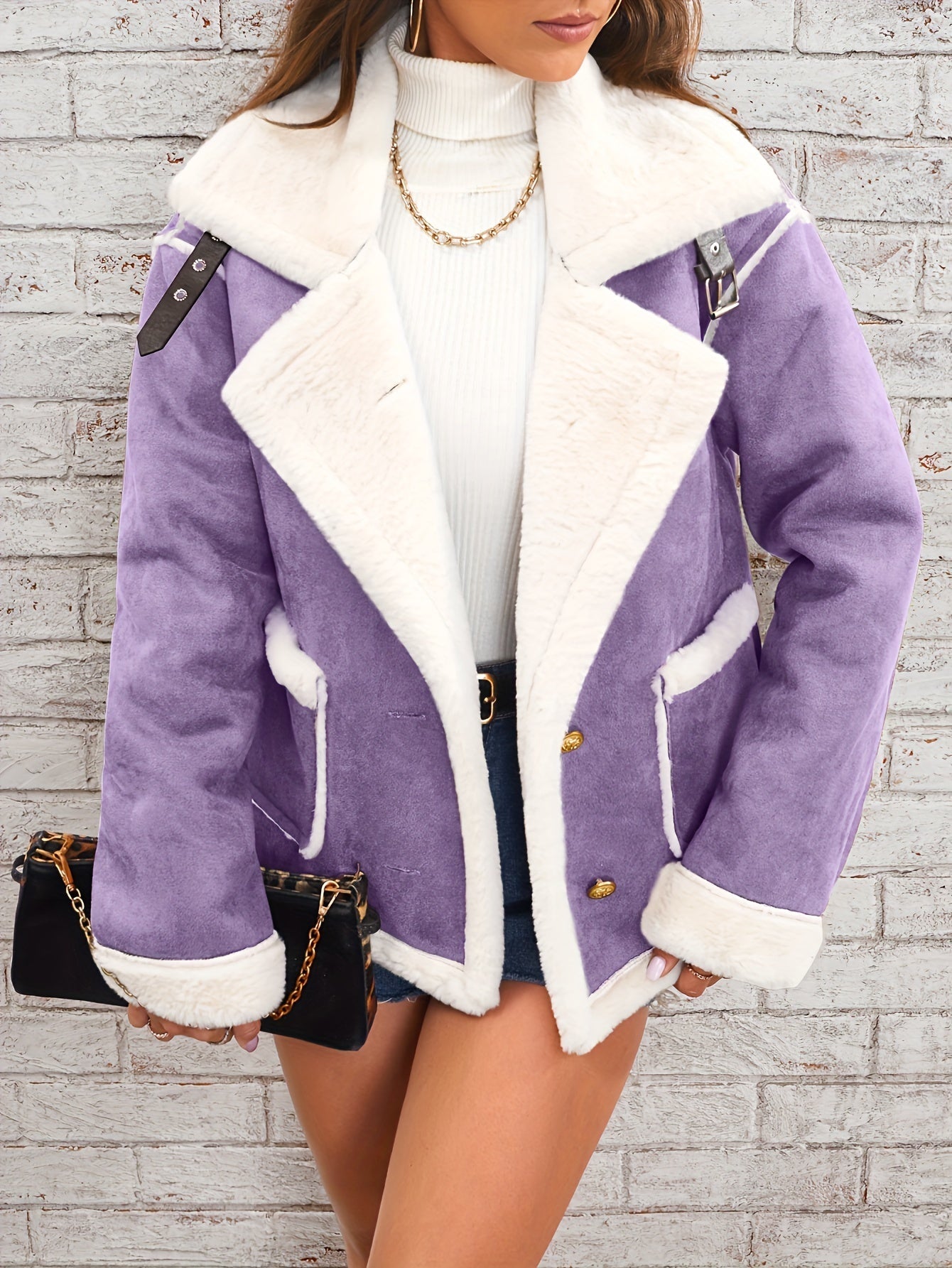 Women's Elegant Burgundy and Cream Faux Fur-Lined Winter Jacket - Chic Double-Breasted Outerwear with Pockets, Machine Washable, Lightweight Jacket