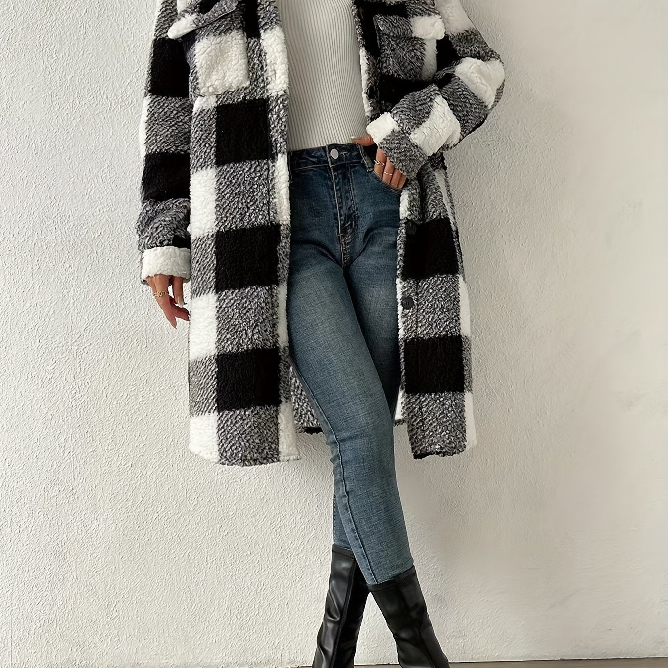 Plaid Pattern Teddy Coat, Casual Button Front Long Sleeve Outerwear, Women's Clothing