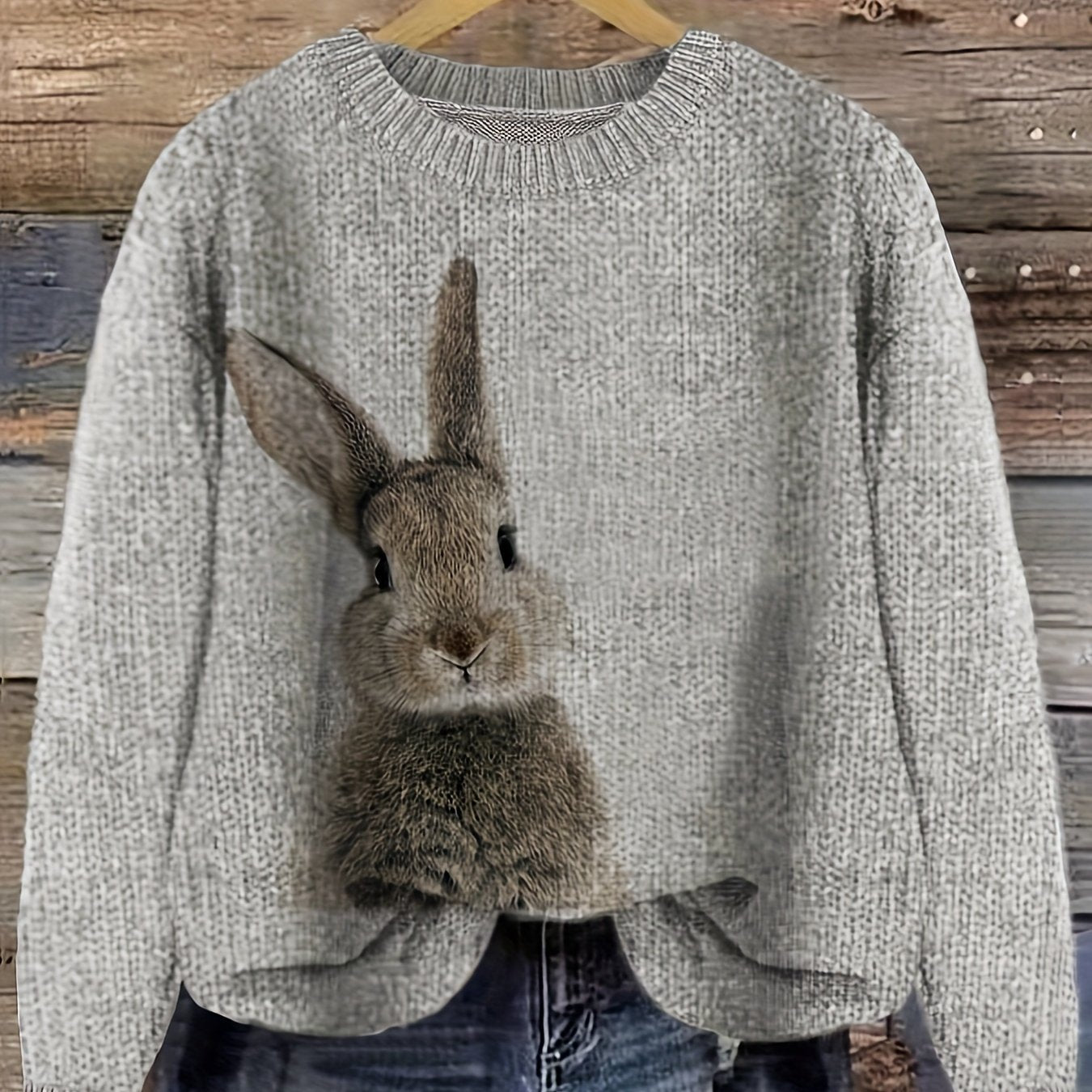 Women's Casual Rabbit Print Color-Block Round Neck Pullover Sweater - Light Blue & White Contrast, Medium Stretch Cozy Fall Winter Knit Top, Relaxed Fit Clothing | Soft Texture Apparel