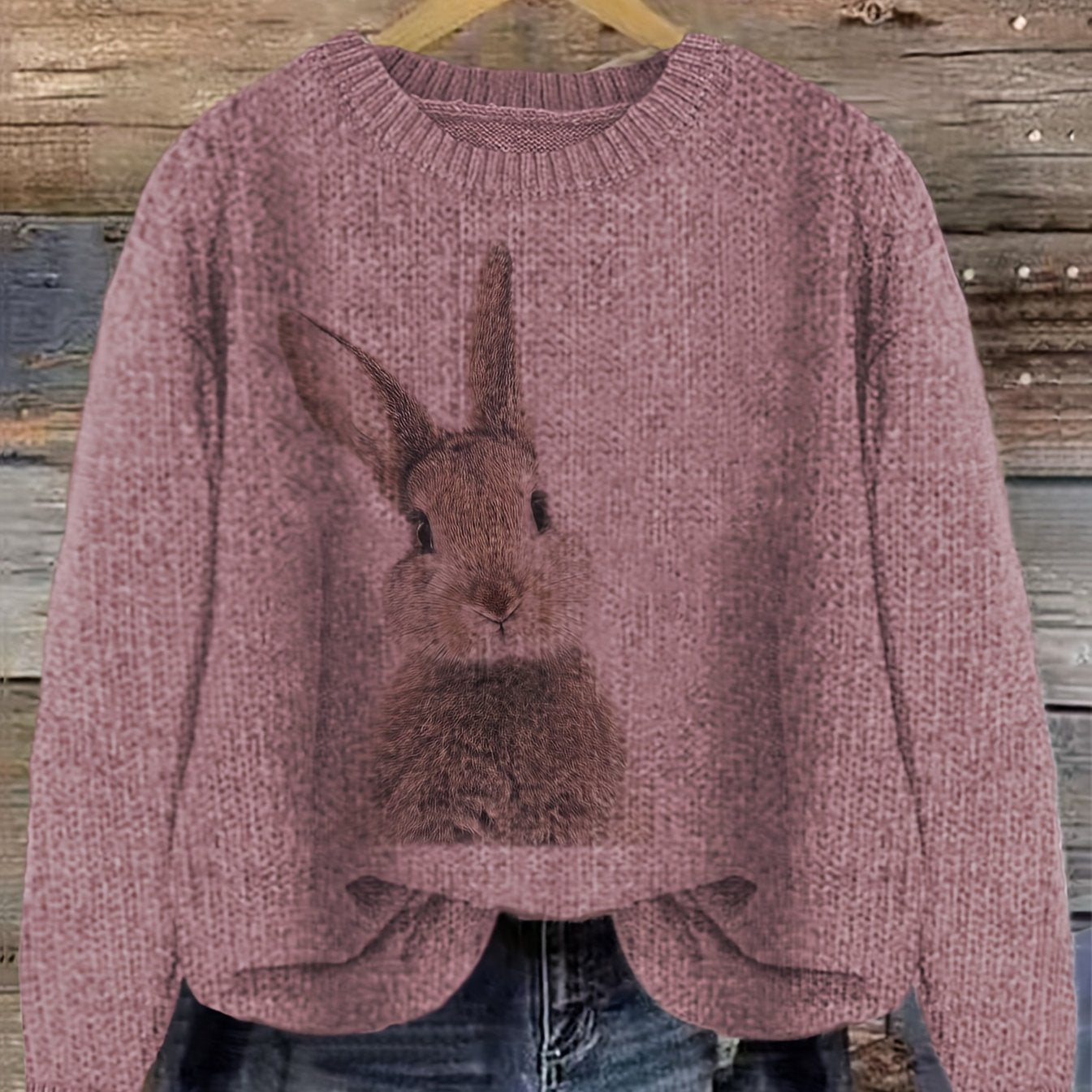 Women's Casual Rabbit Print Color-Block Round Neck Pullover Sweater - Light Blue & White Contrast, Medium Stretch Cozy Fall Winter Knit Top, Relaxed Fit Clothing | Soft Texture Apparel