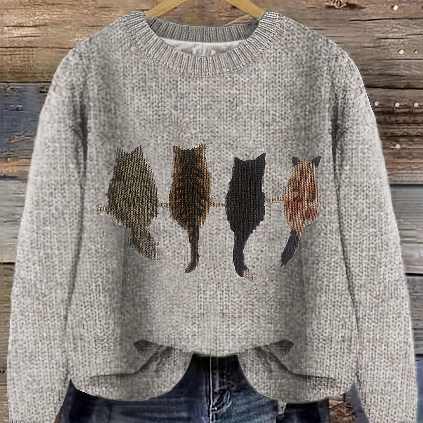 [Casual Cat Print Sweater] Color Block Cat Print Crew Neck Knit Sweater - Loose Fit Pullover - 100% Polyester - Women's Casual for Fall/Winter
