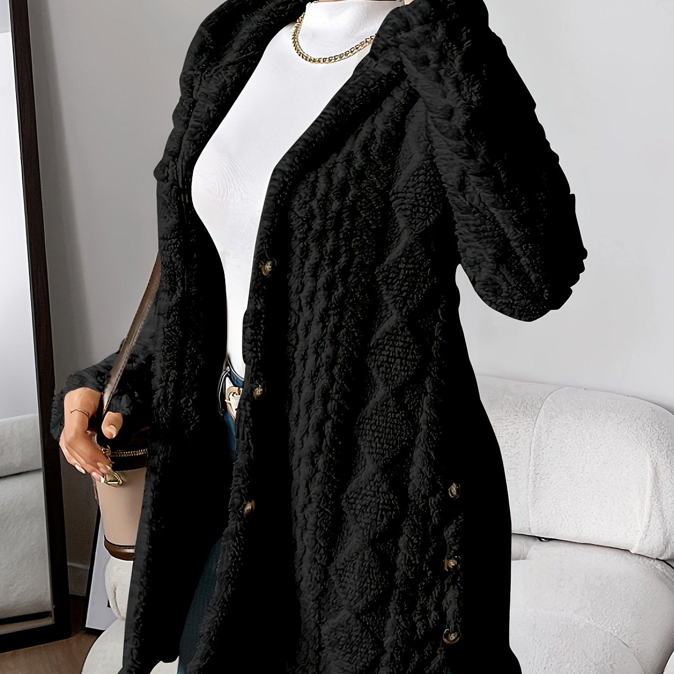 Elegant Beige Quilted Faux Fur Hooded Cardigan - Cozy Long Sleeve, Button Front Outerwear with Diamond Pattern, Perfect for Fall/Winter, Machine Washable