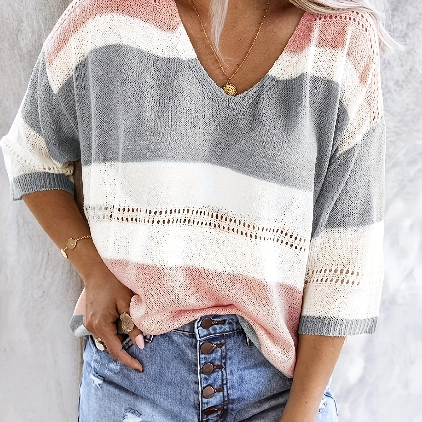 Women'S Casual V-Neck Sweater - Off-Shoulder, Striped Knit Top with Hollow Detail, Perfect for Spring/Summer, Light Gray & Pink, Ladies Sweaters