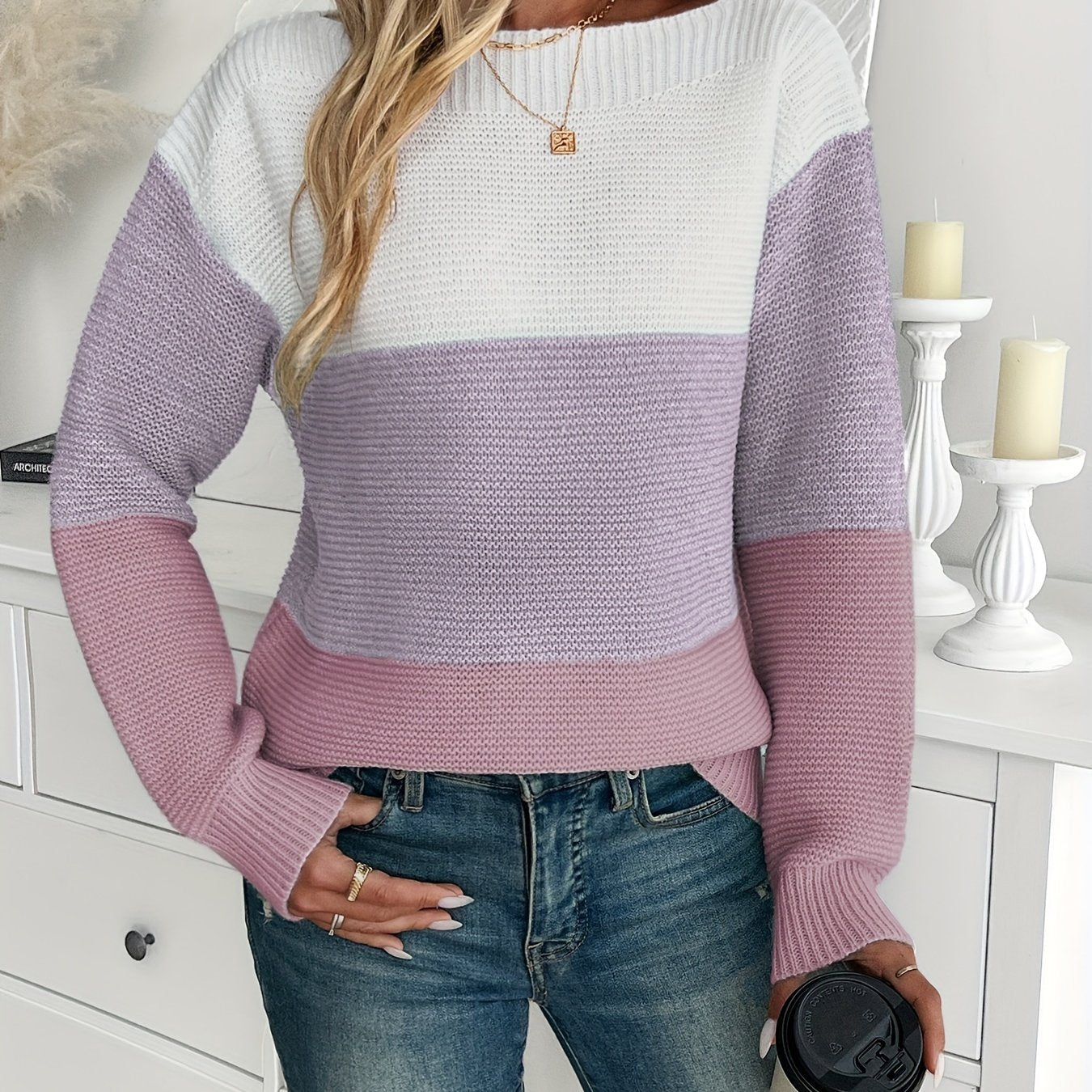 Long Sleeve Stripe Color Block Sweater, Elegant Drop Shoulder For Fall & Winter, Women's Clothing