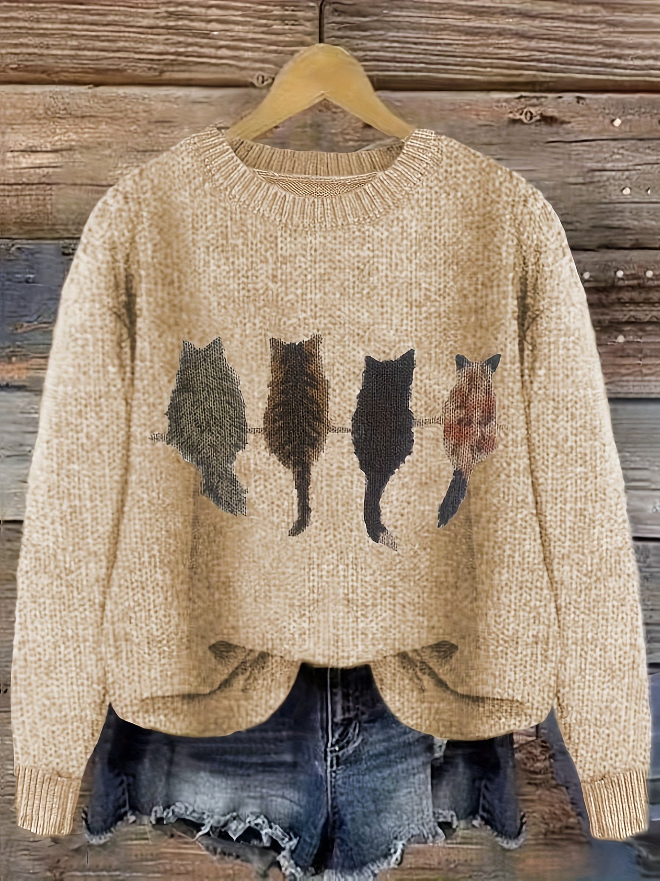 [Casual Cat Print Sweater] Color Block Cat Print Crew Neck Knit Sweater - Loose Fit Pullover - 100% Polyester - Women's Casual for Fall/Winter