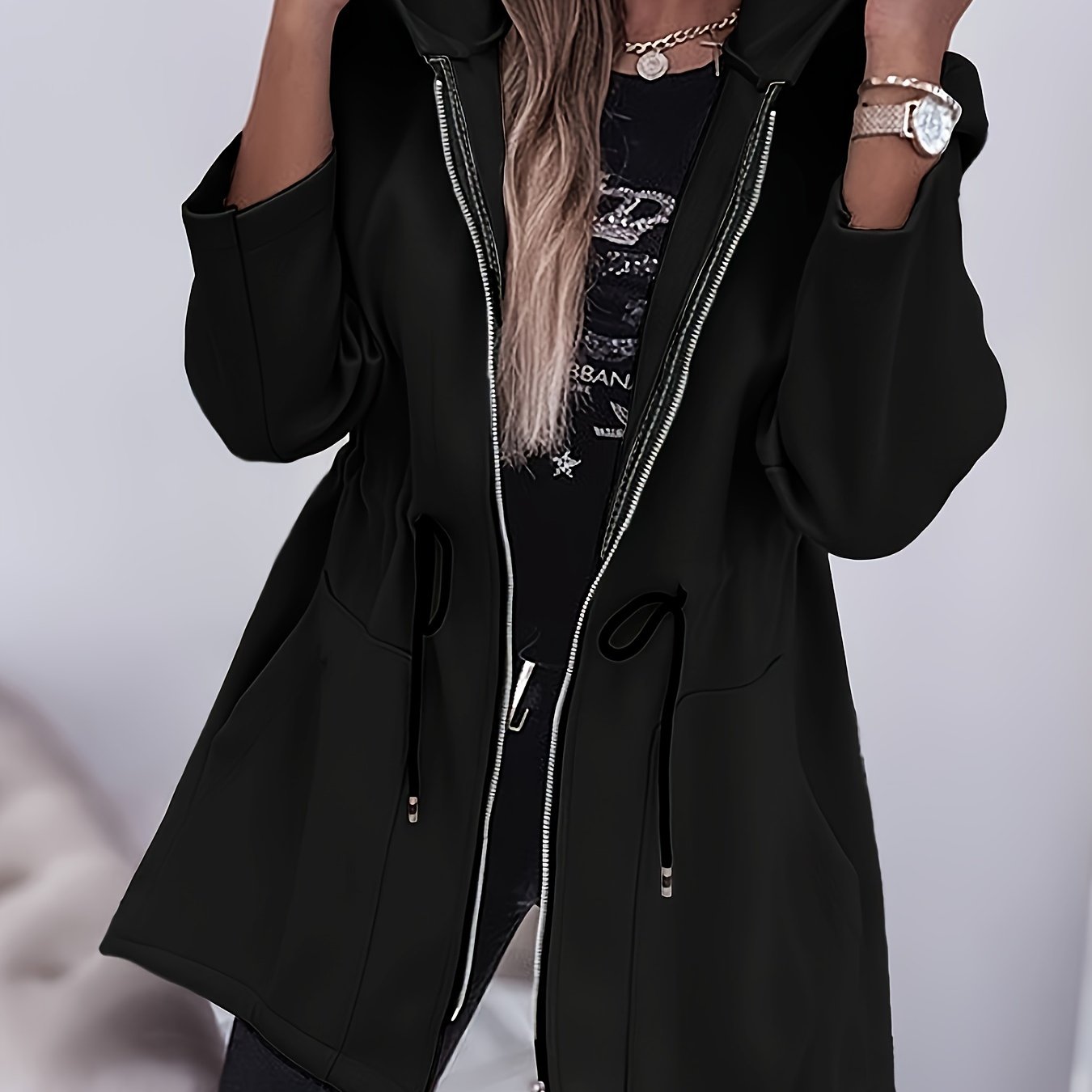Machine Washable Polyester Women's Casual Hooded Jacket with Drawstring, Zip Pockets for Fall/Winter, Solid Color