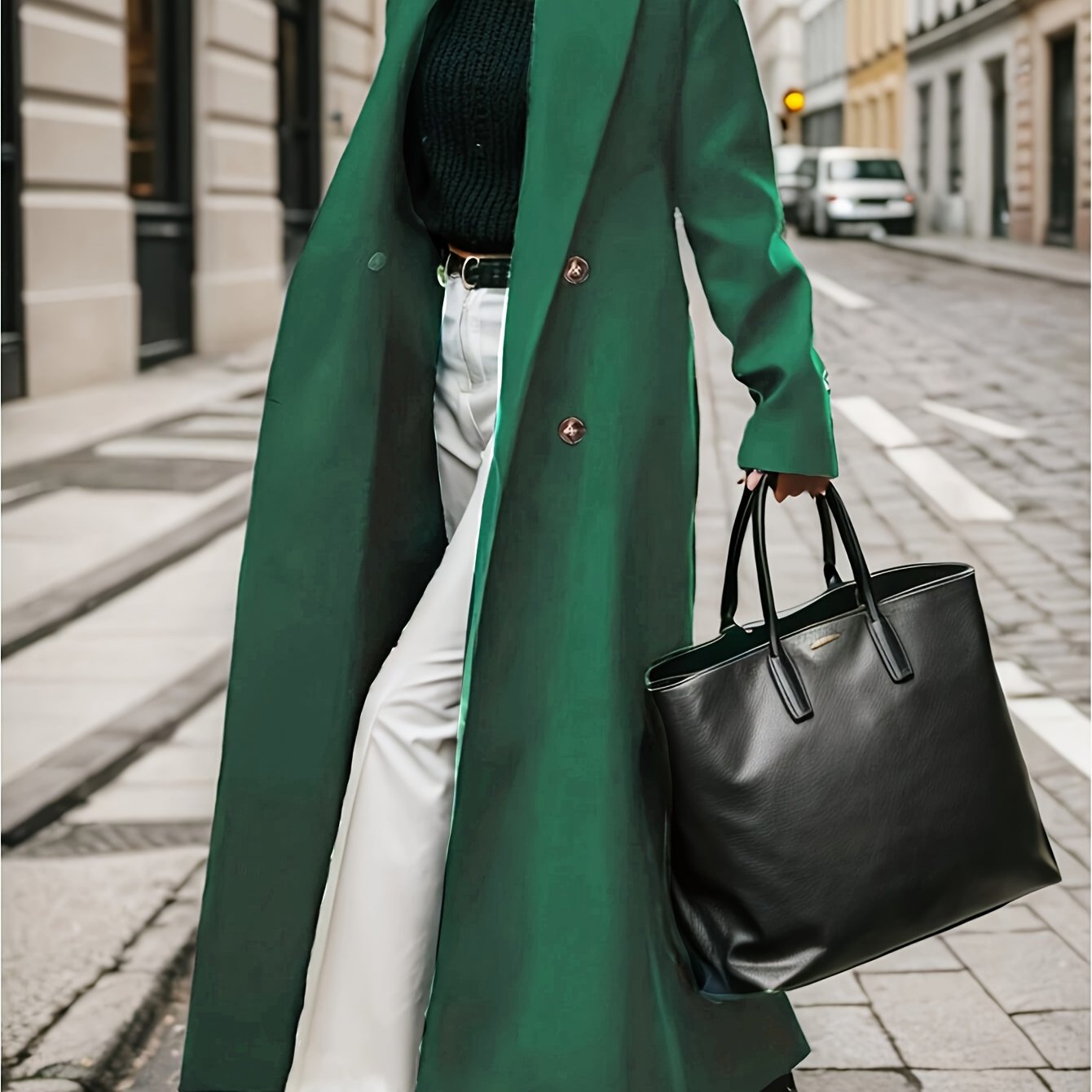 [Double-Breasted] Women's Long Coat - Chic Green Double-Breasted Trench with Large Buttons, Long Sleeves, and Side Pockets - Elegant Style for Fall/Winter Fashion