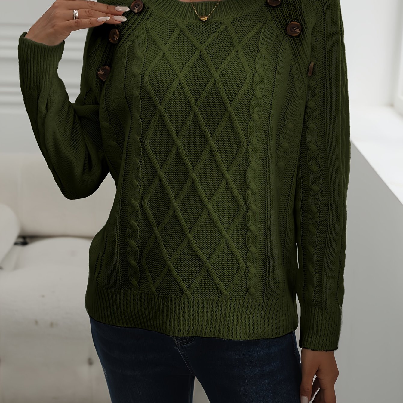Solid Cable Knit Sweater, Casual Crew Neck Long Sleeve Sweater, Women's Clothing
