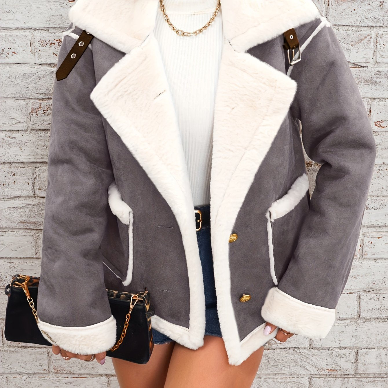 Women's Elegant Burgundy and Cream Faux Fur-Lined Winter Jacket - Chic Double-Breasted Outerwear with Pockets, Machine Washable, Lightweight Jacket