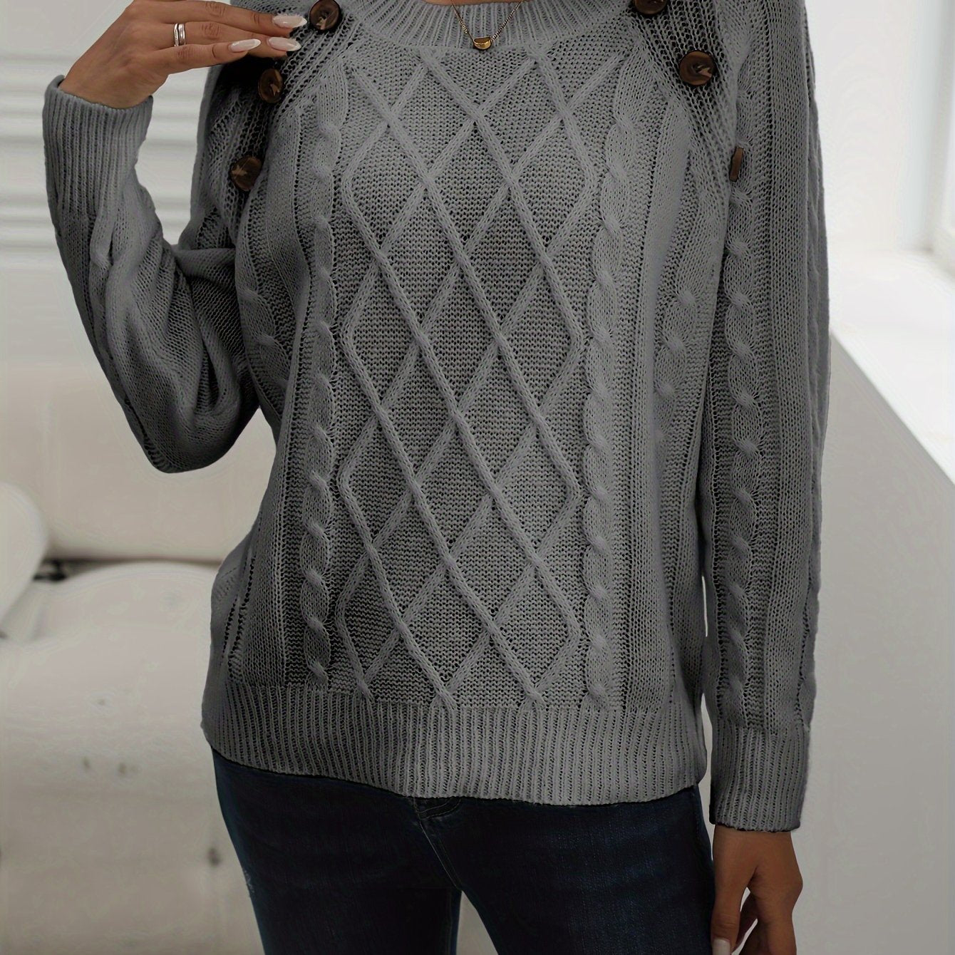 Solid Cable Knit Sweater, Casual Crew Neck Long Sleeve Sweater, Women's Clothing
