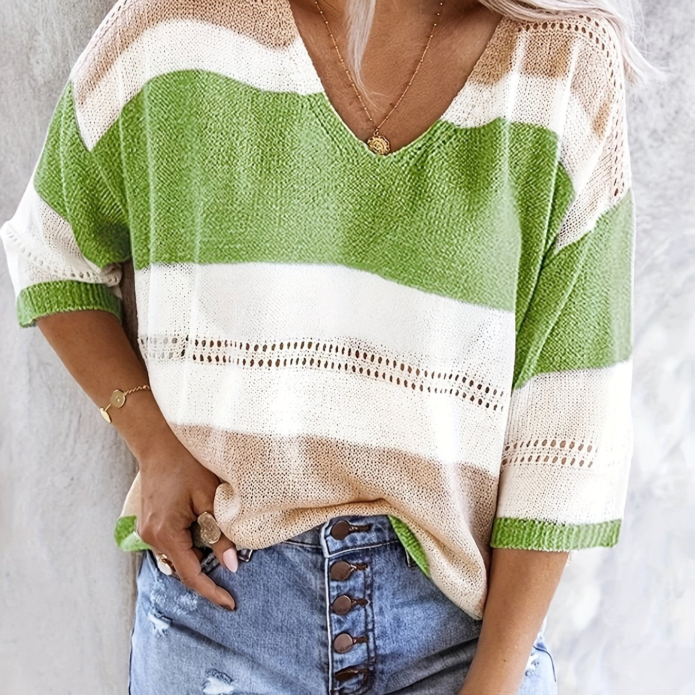 Women'S Casual V-Neck Sweater - Off-Shoulder, Striped Knit Top with Hollow Detail, Perfect for Spring/Summer, Light Gray & Pink, Ladies Sweaters