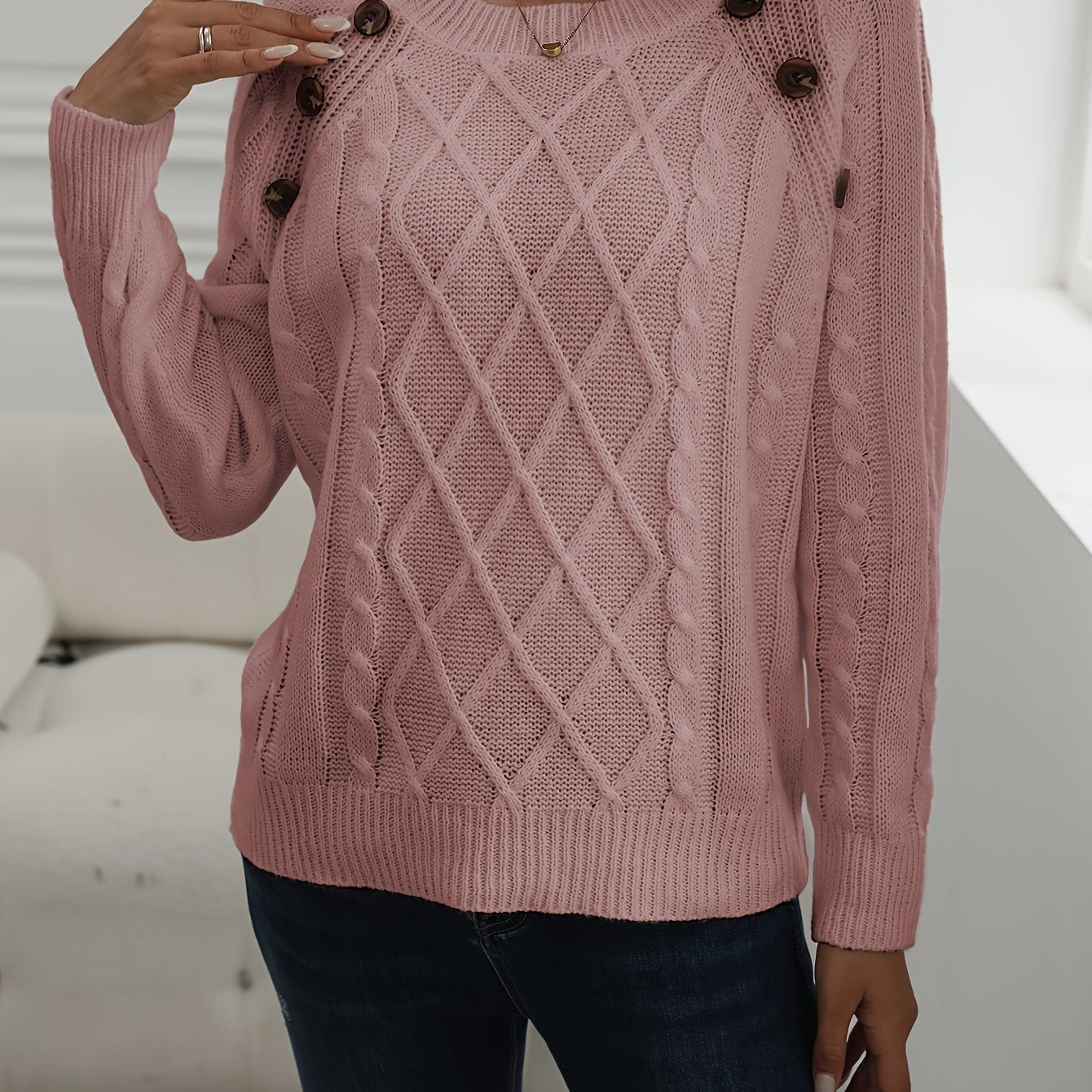 Solid Cable Knit Sweater, Casual Crew Neck Long Sleeve Sweater, Women's Clothing
