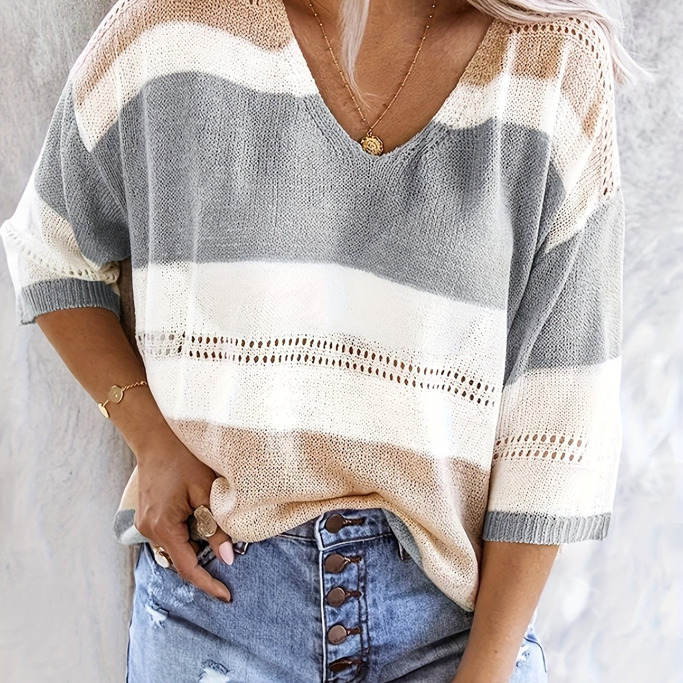 Women'S Casual V-Neck Sweater - Off-Shoulder, Striped Knit Top with Hollow Detail, Perfect for Spring/Summer, Light Gray & Pink, Ladies Sweaters