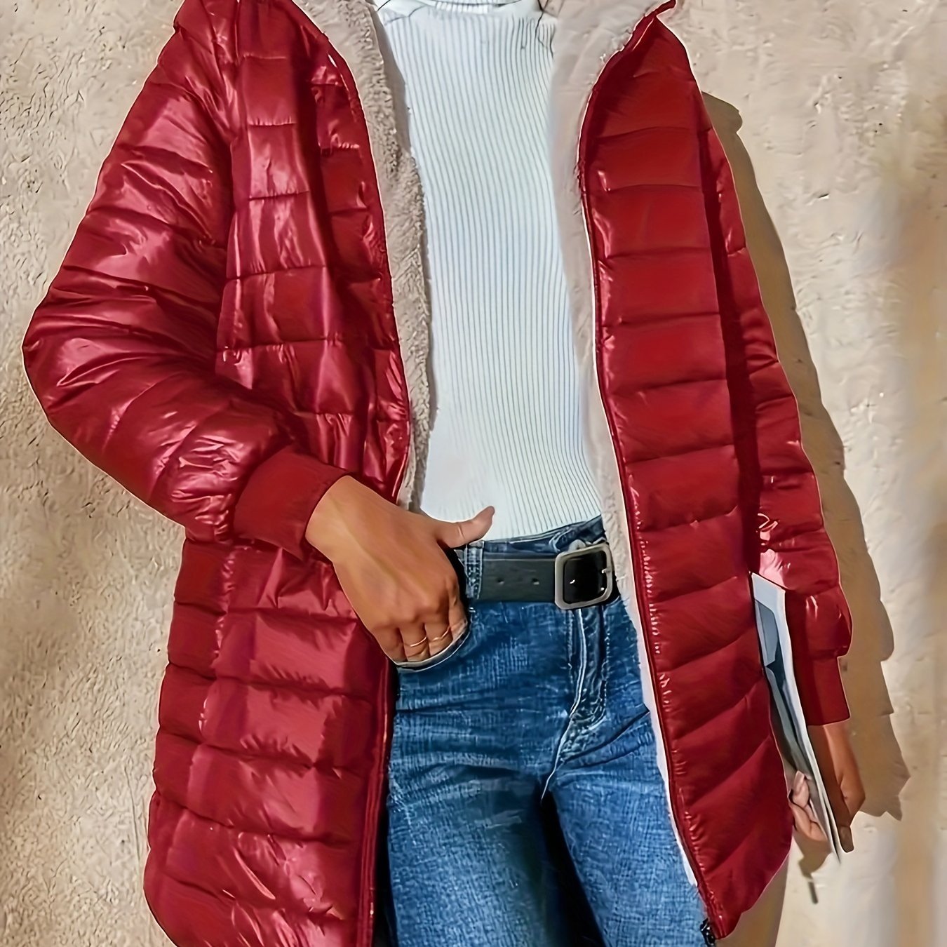Long Sleeve Fleece Lined Zip Up Coat, Casual Fabric-padded Women's Clothing
