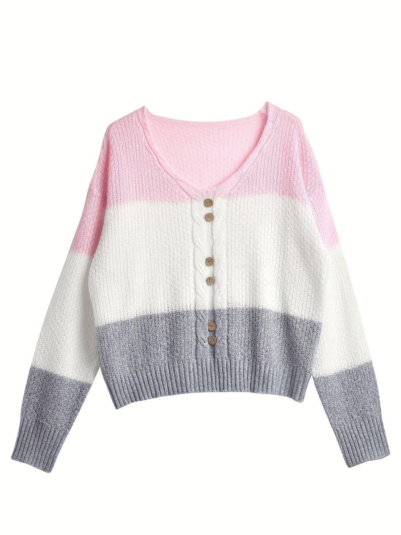 [Color-Block Sweater] V-Neck Color-Block Striped Casual Knitted Pullover, Women's Sweater with Faux Buttons