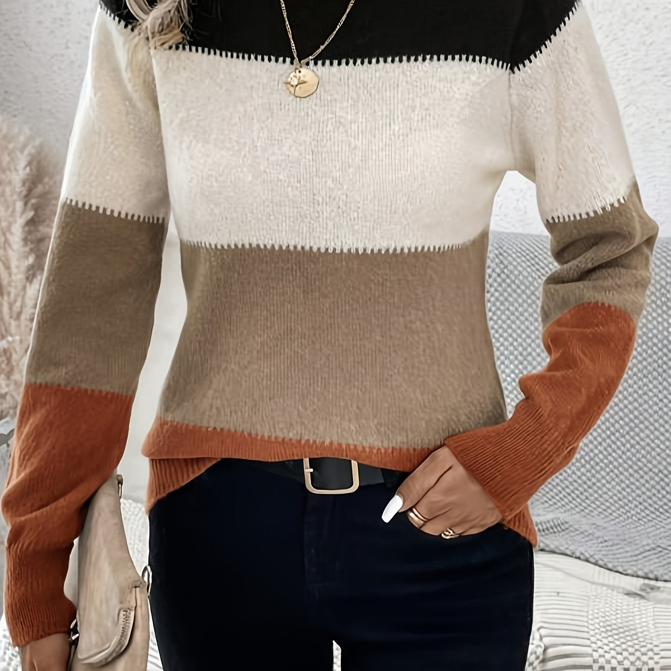Trendy Color Block Mock Neck Pullover Sweater - Warm & Comfortable Long Sleeve - Perfect for Casual Everyday Style - Womens Winter Wear