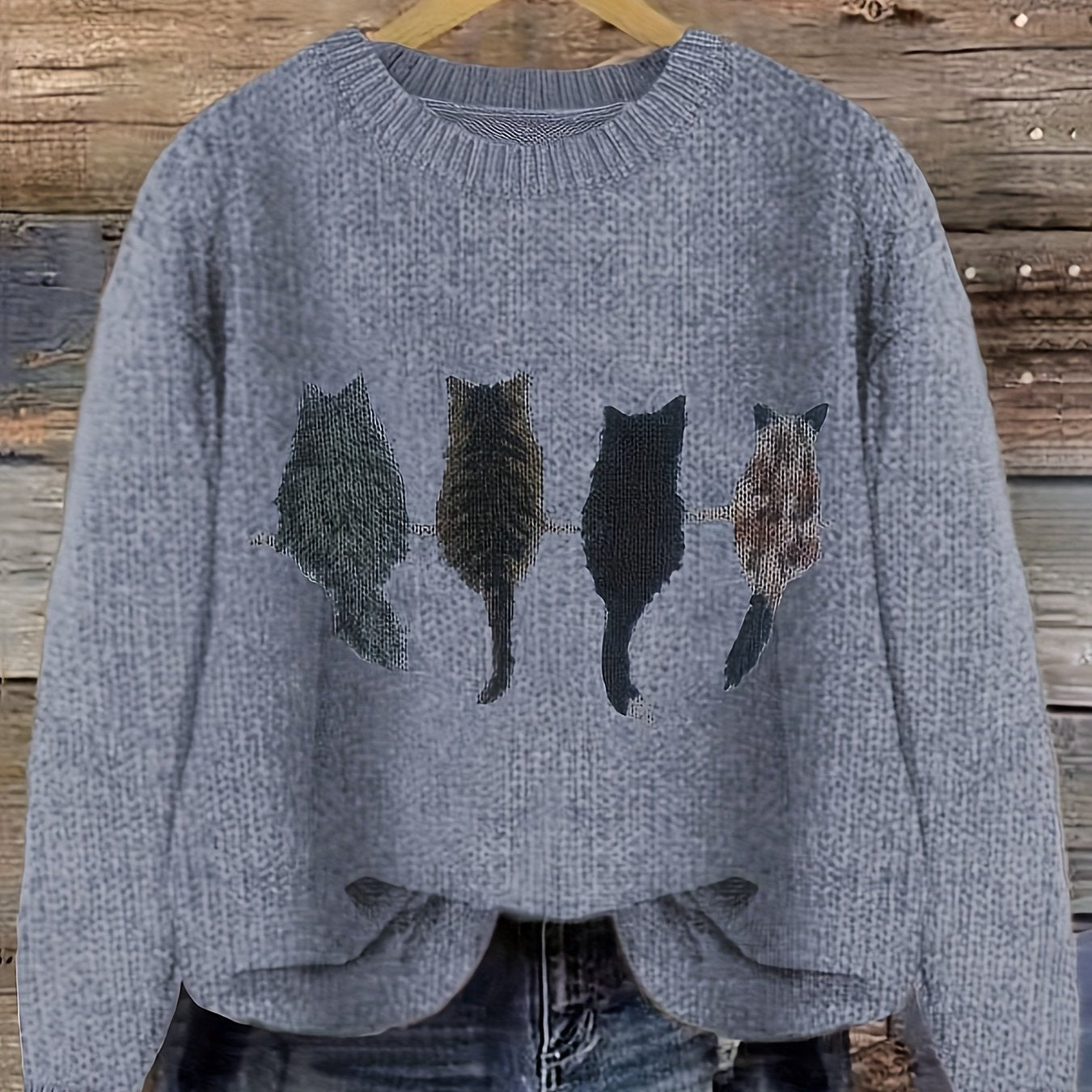 [Casual Cat Print Sweater] Color Block Cat Print Crew Neck Knit Sweater - Loose Fit Pullover - 100% Polyester - Women's Casual for Fall/Winter